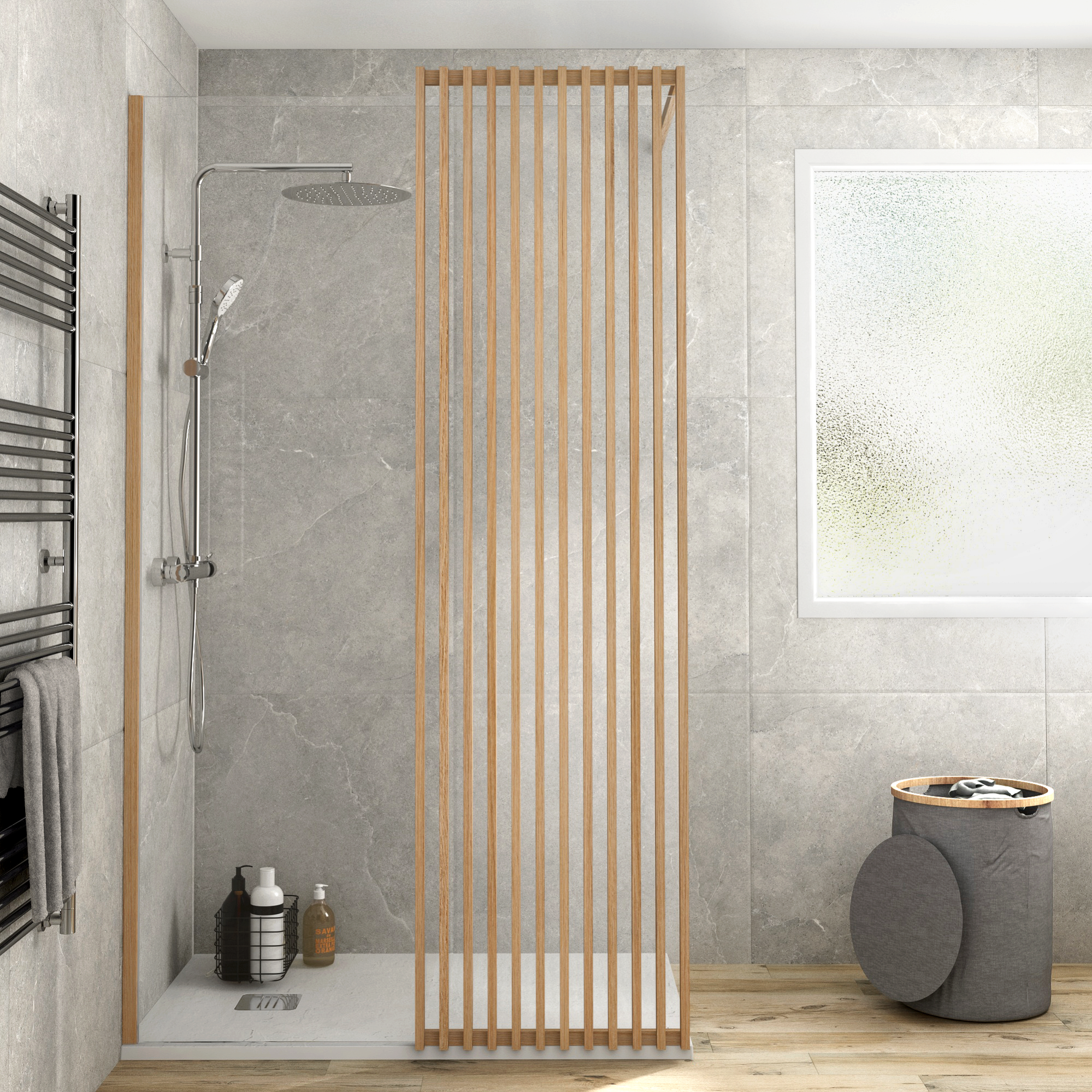 Pack douche italienne receveur remix blanc 80x120 + paroi Lumi effet bois 120cm Leroy Merlin