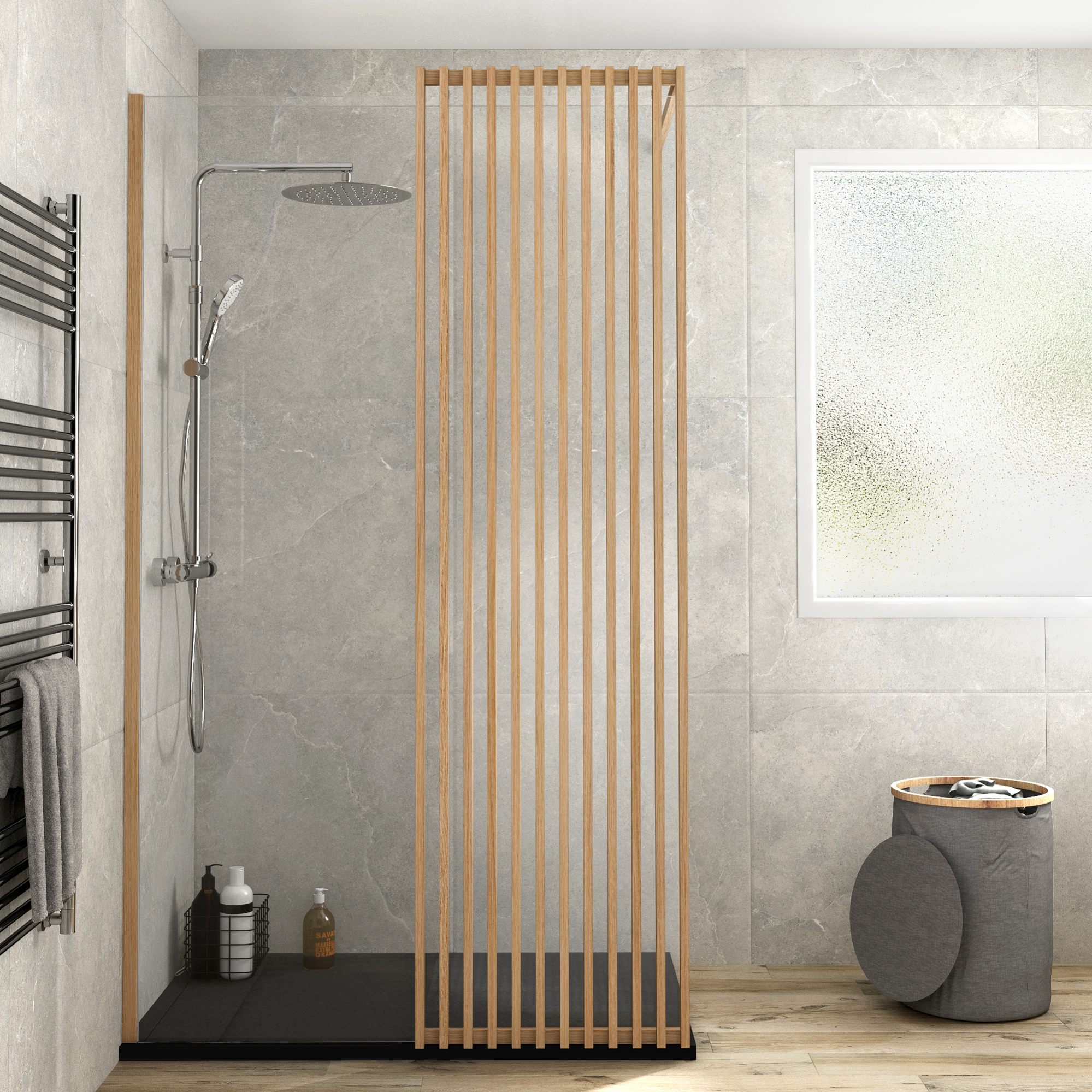 Pack douche italienne receveur neo noir 90x120 + paroi Lumi effet bois