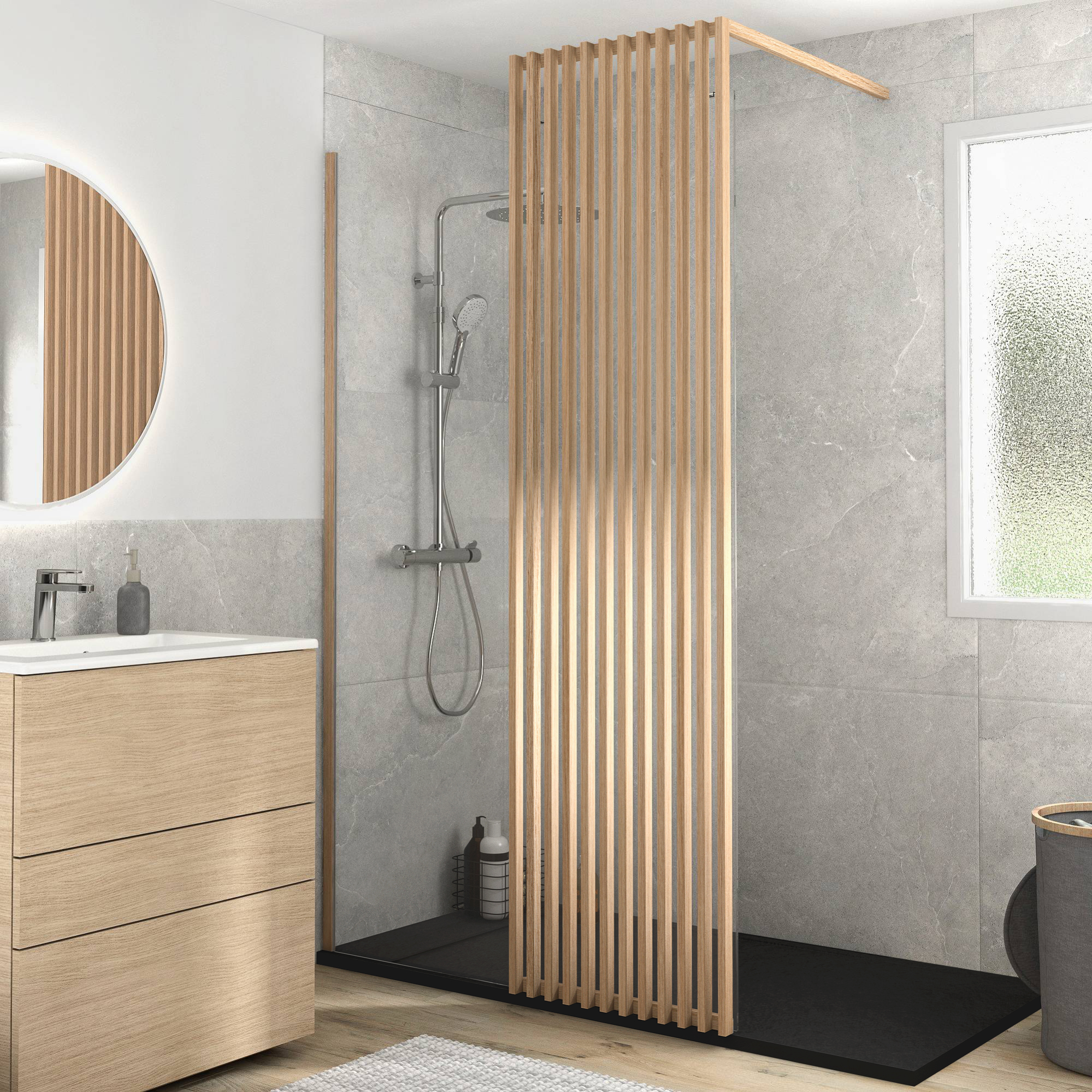 Pack douche italienne receveur neo noir 90x160 + paroi Lumi effet bois