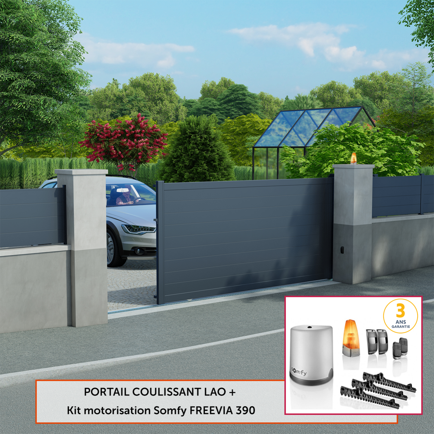 Kit portail coulissant gris zinc Lao Klos up! + moteur Somfy, l.412 x H