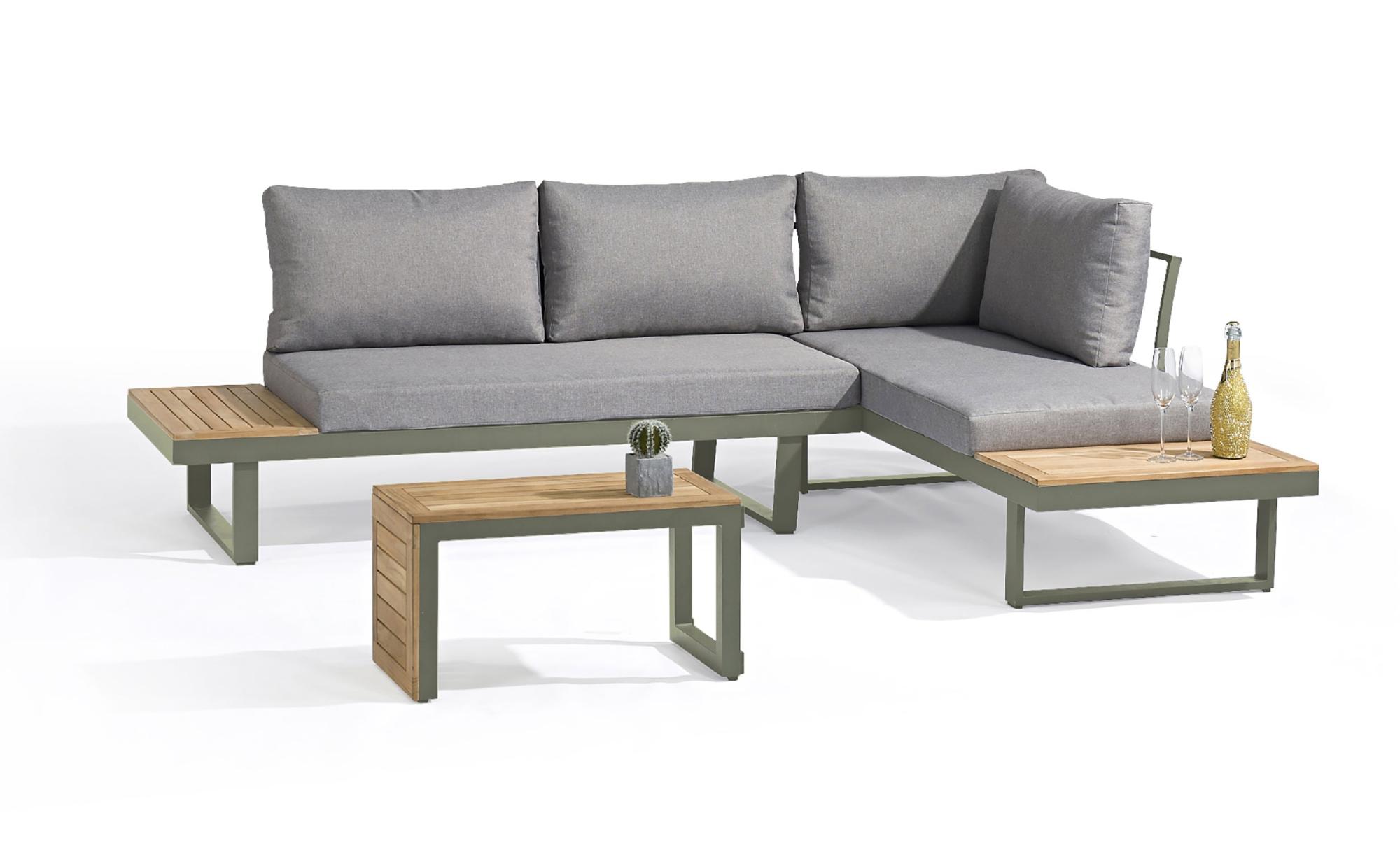 Salon de jardin modulable TOKYO 4 places, acacia et aluminium, kaki