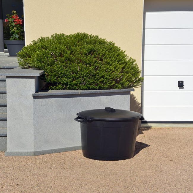 Poubelle basse ronde noire avec couvercle - extérieur ou jardin - 75L