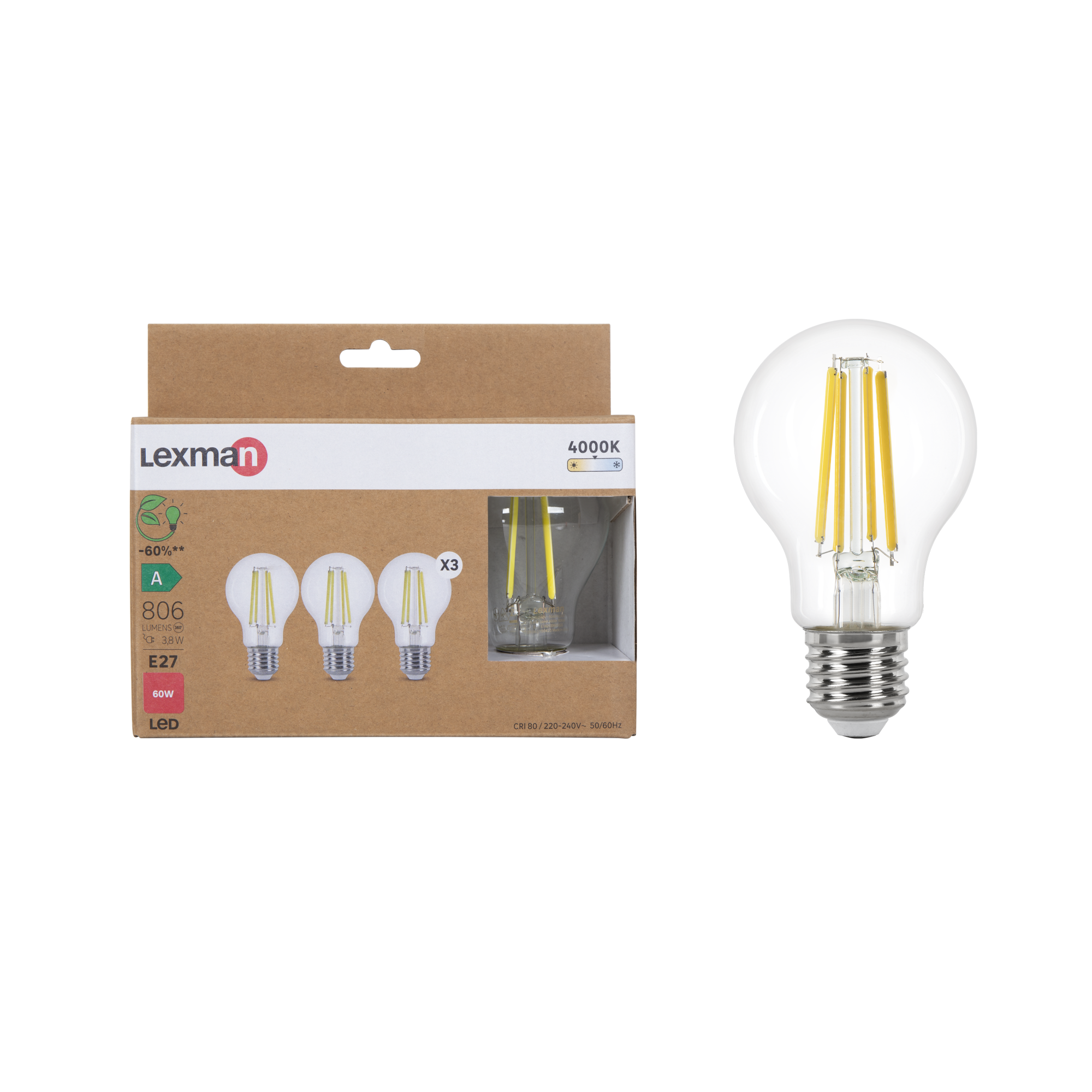 3 ampoules led E27, 806Lm = 60W, classe énergétique A, blanc neutre