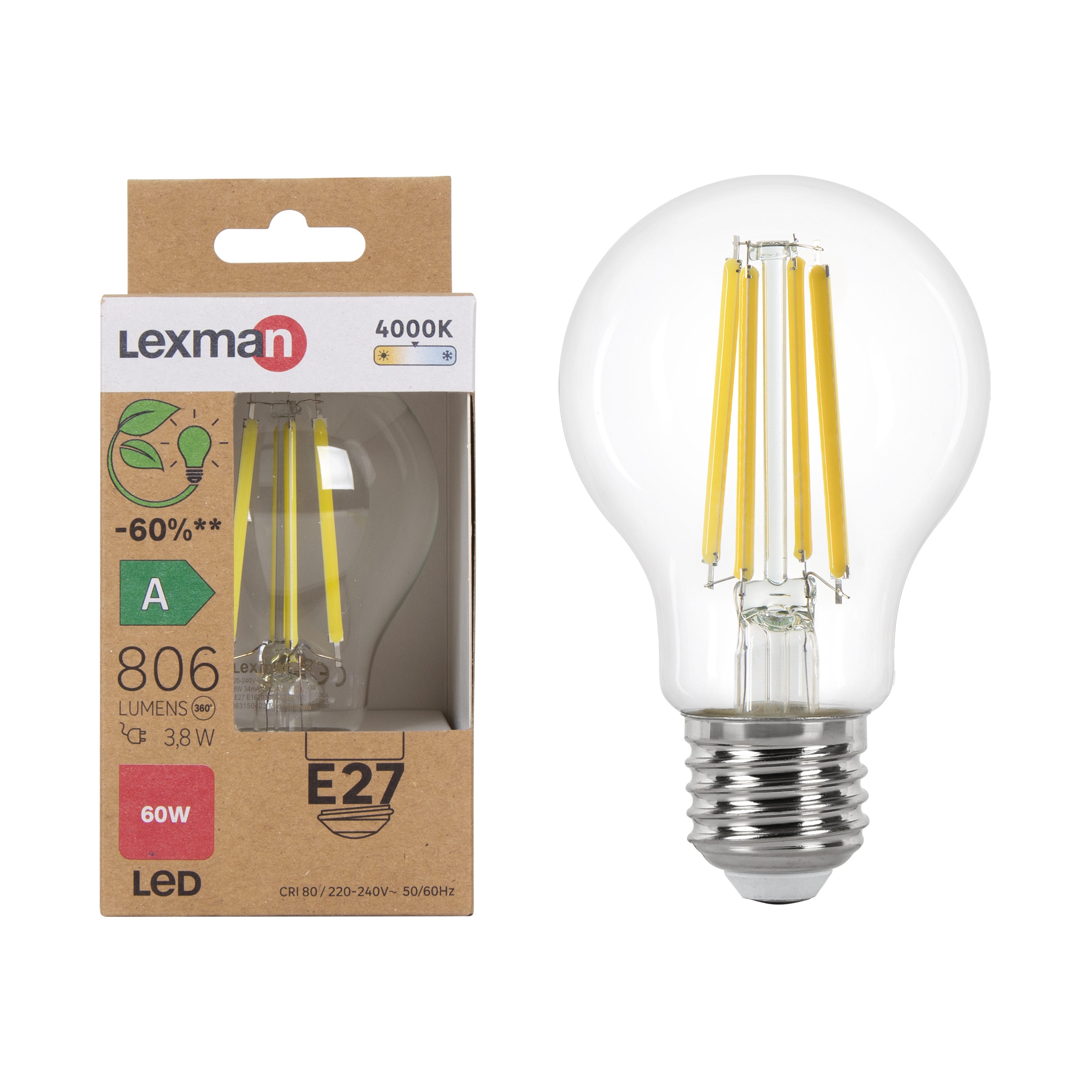 Lot de 2 ampoules led Classe A, Edison, E27, 806Lm = 60W, blanc