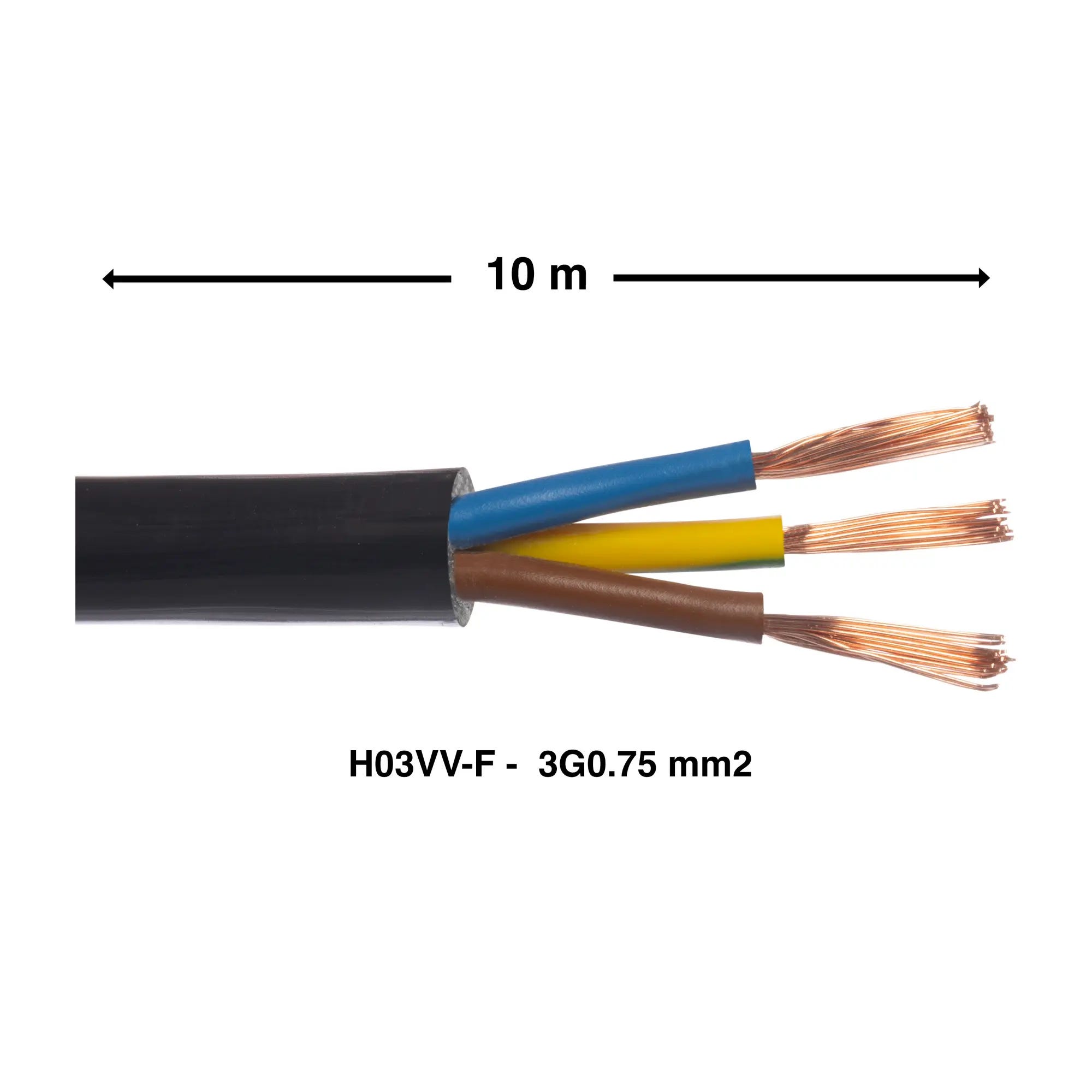 Câble électrique 3 G 0.75 mm² h03vvf L. 10m noir