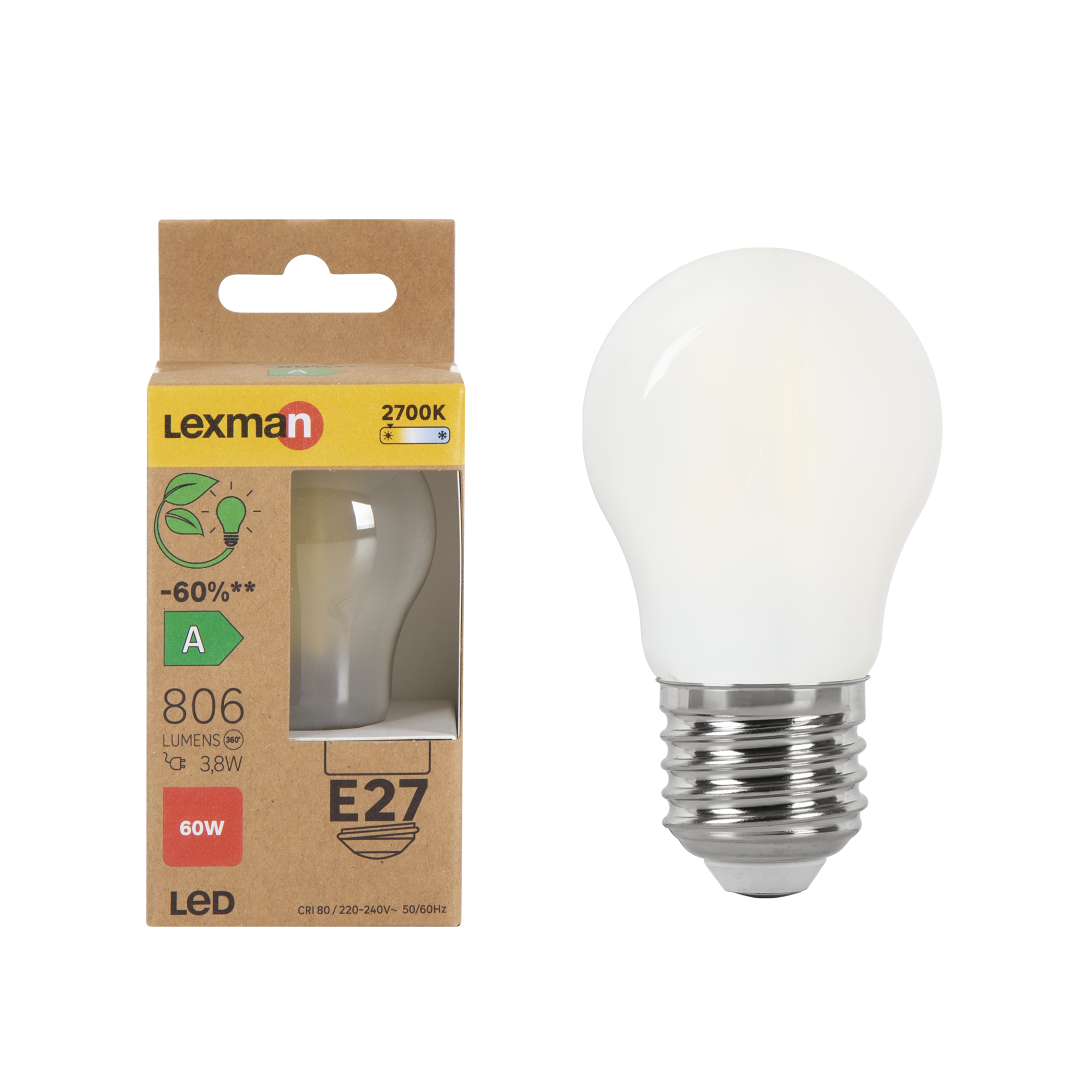 Ampoule led, sphérique E27, 806lm, classe énergétique A, blanc chaud