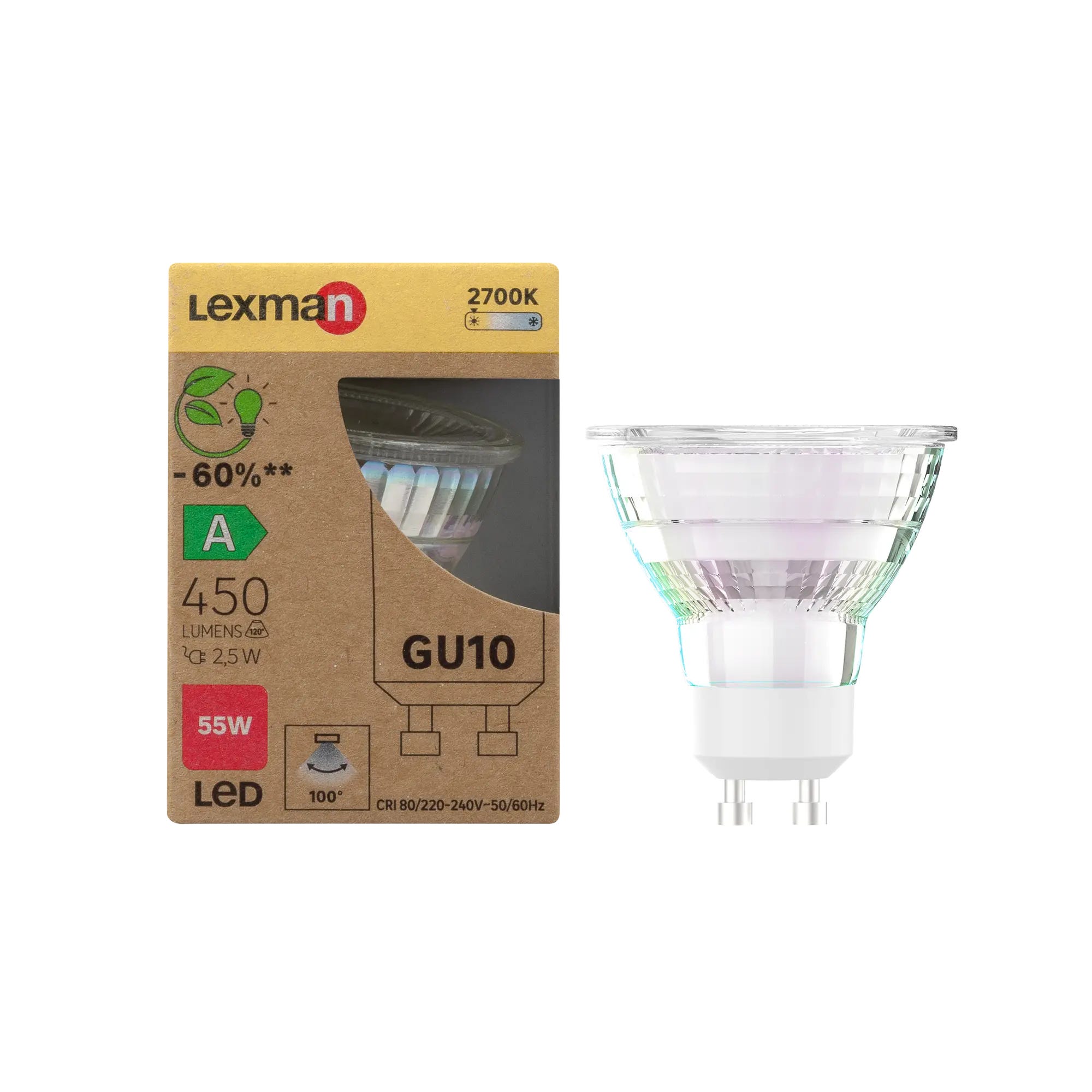 Ampoule led réflecteur GU10, LEXMAN, 300Lm = 35W, blanc neutre