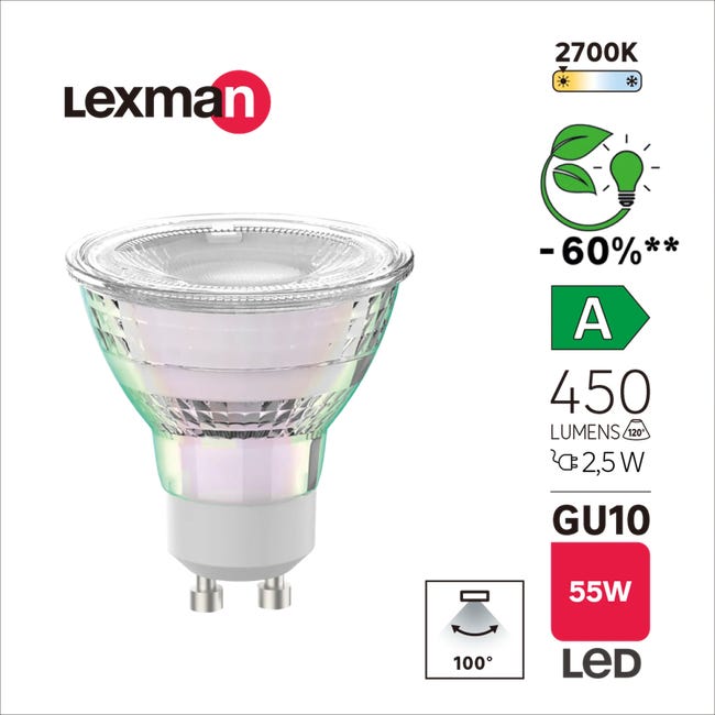 Ampoule led, réflecteur GU10, 450lm, classe énergétique A, blanc chaud,  LEXMAN