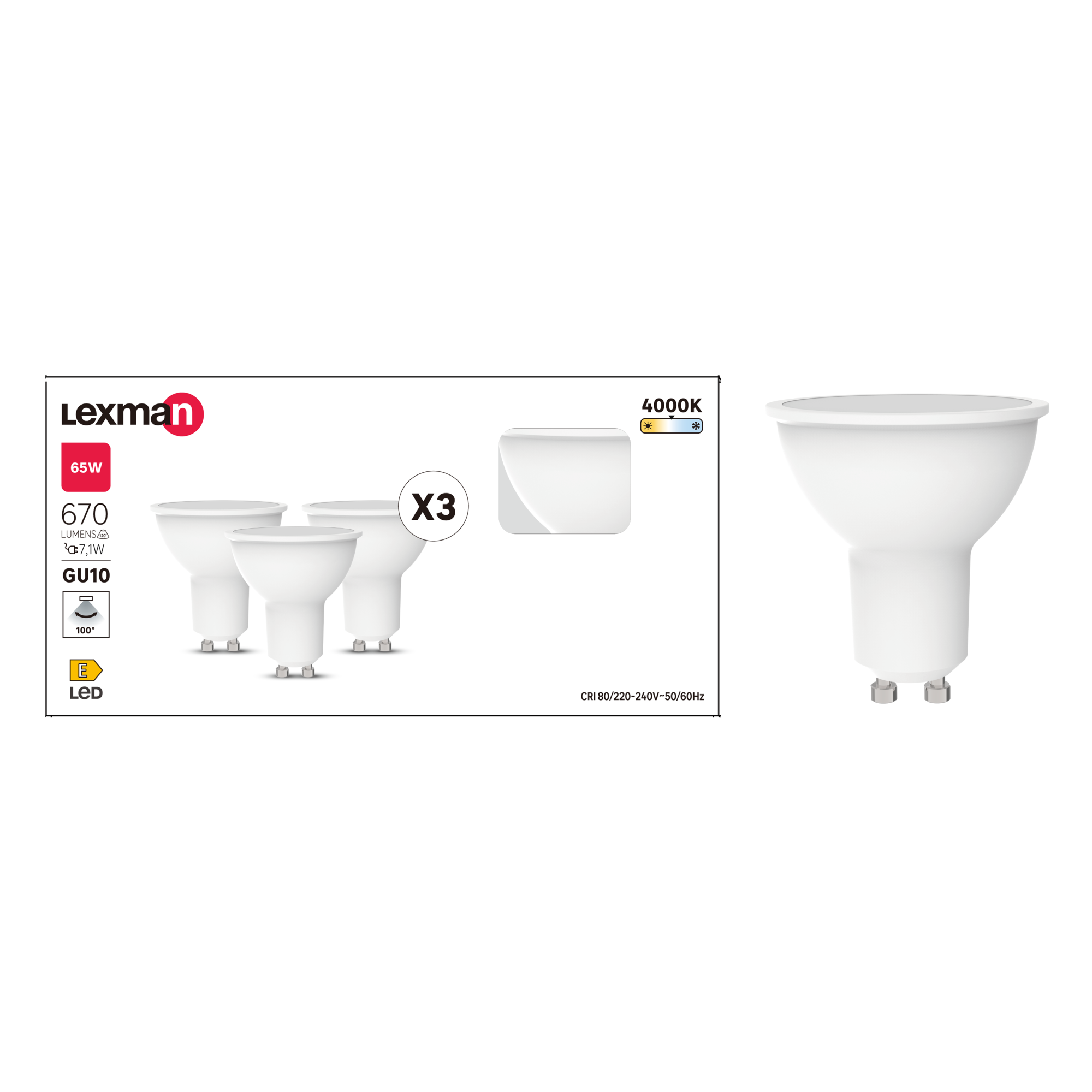 Lot de 3 ampoules led, réflecteur GU10, 100°, 670lm = 65W, blanc neutre