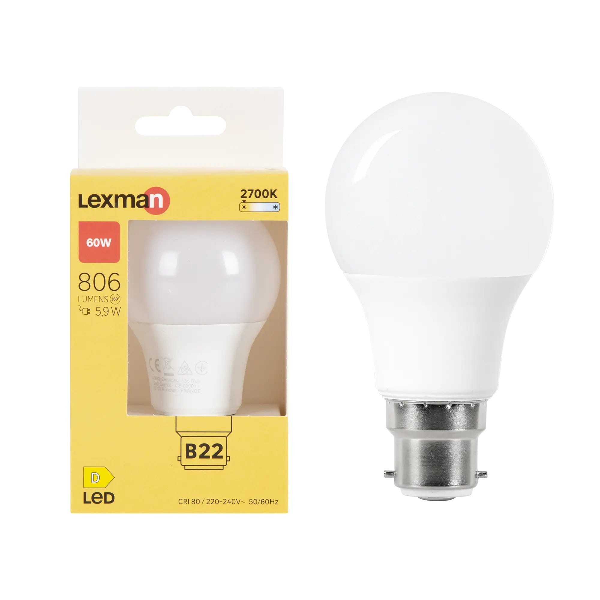 Lot de 6 ampoules led B22, 806Lm = 60W, blanc chaud, LEXMAN