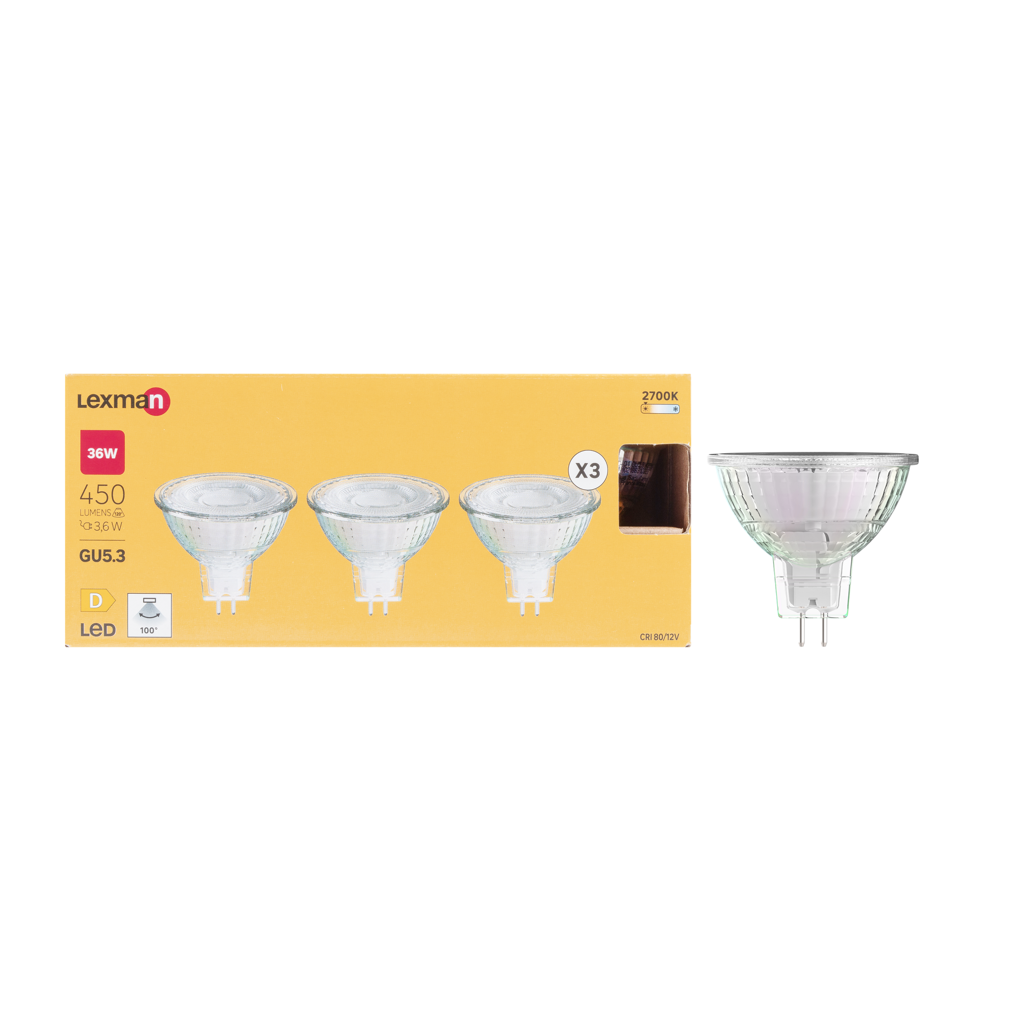 3 ampoules led, réflecteur GU5.3, 100°, 450lm = 36W, blanc chaud