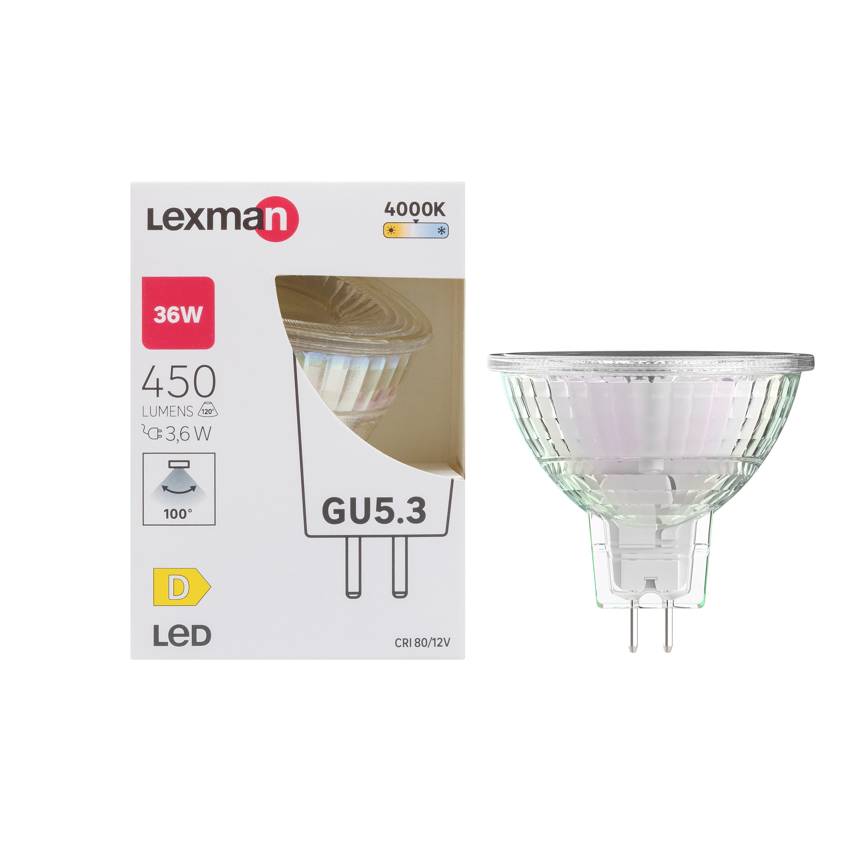 3 ampoules led réflecteur GU5.3, 100°, 450 Lm = 35 W, blanc neutre, LEXMAN