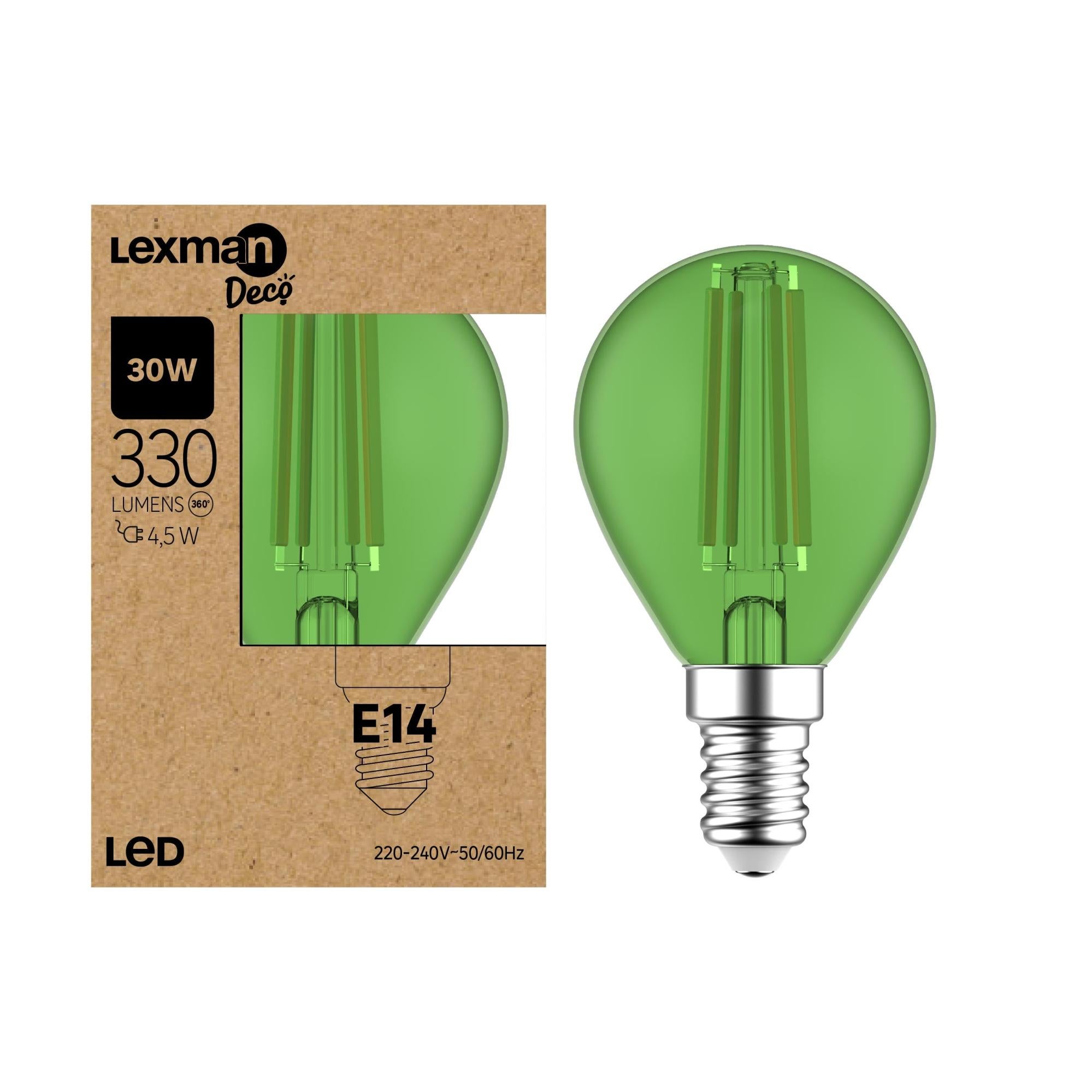 Ampoule led à filament, verte, sphérique E14, 330lm = 30W, LEXMAN