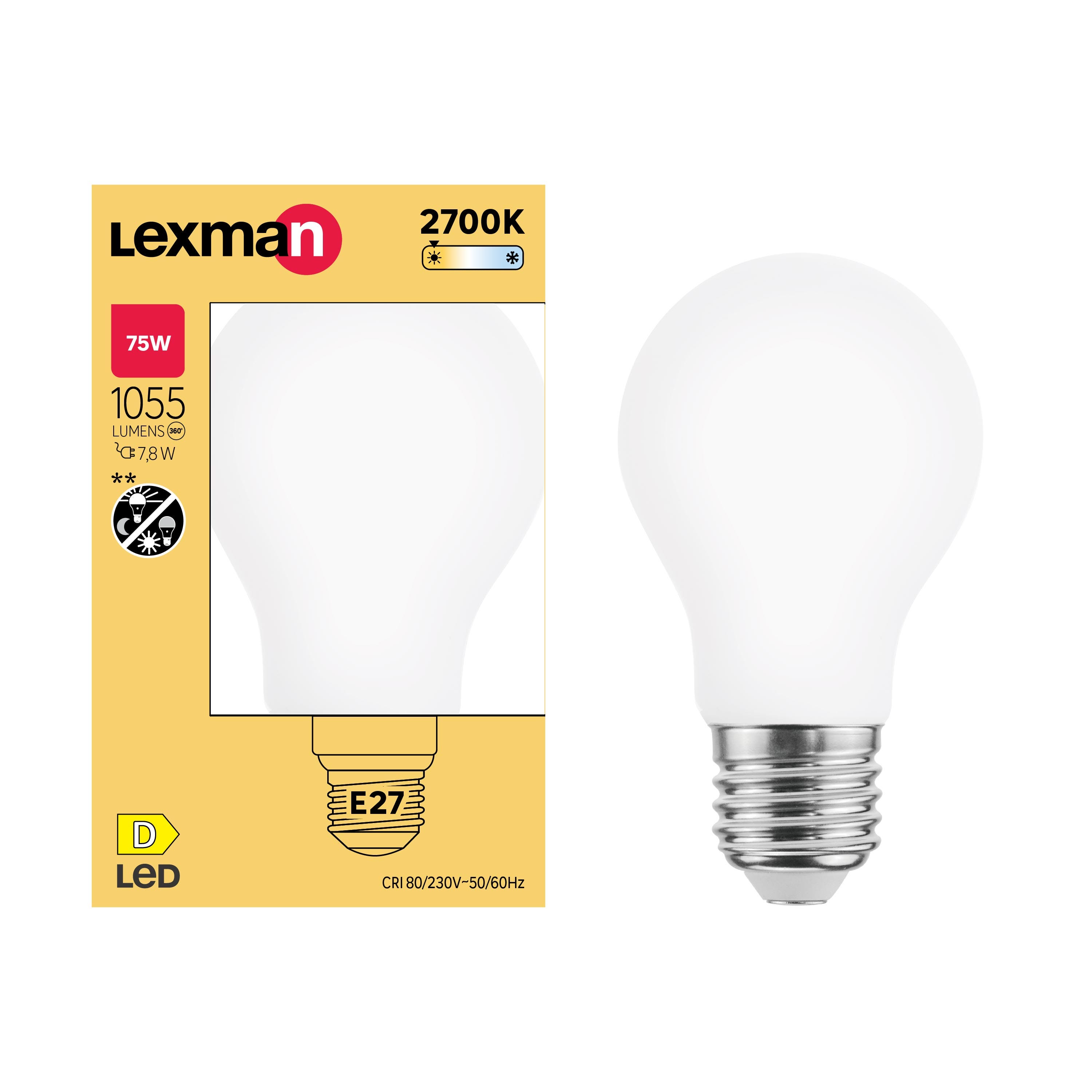 Ampoule led à détection, E27, 1055 Lm = 75 W blanc chaud, LEXMAN
