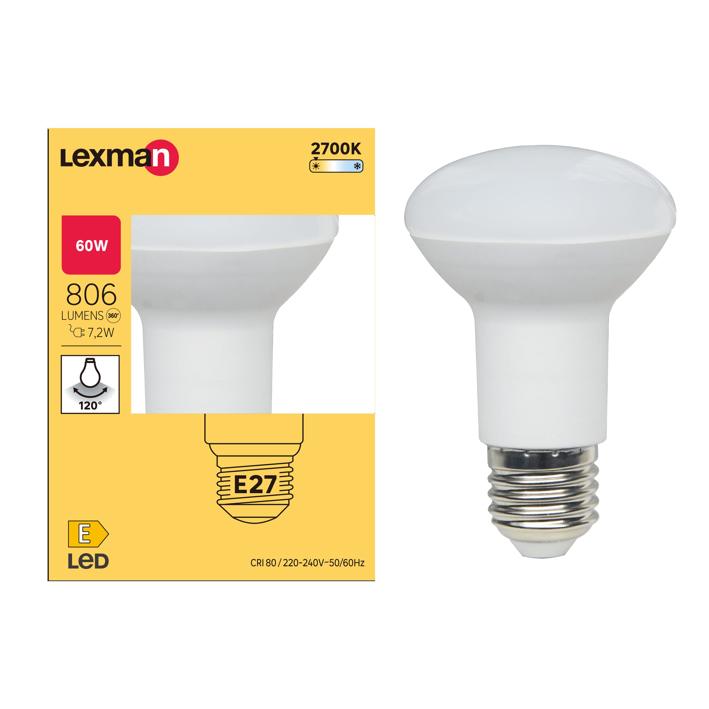 Ampoule led, réflecteur E27, 806lm = 60W, blanc chaud, LEXMAN
