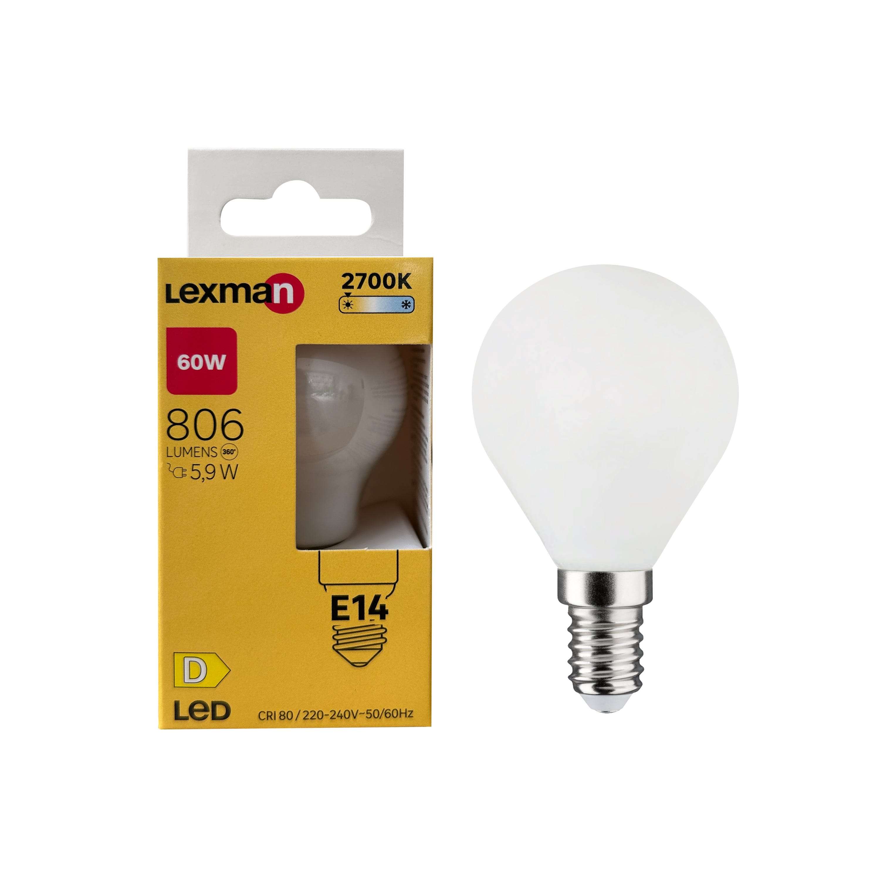 Ampoule led, sphérique, E14, 806lm = 60W, blanc chaud, LEXMAN