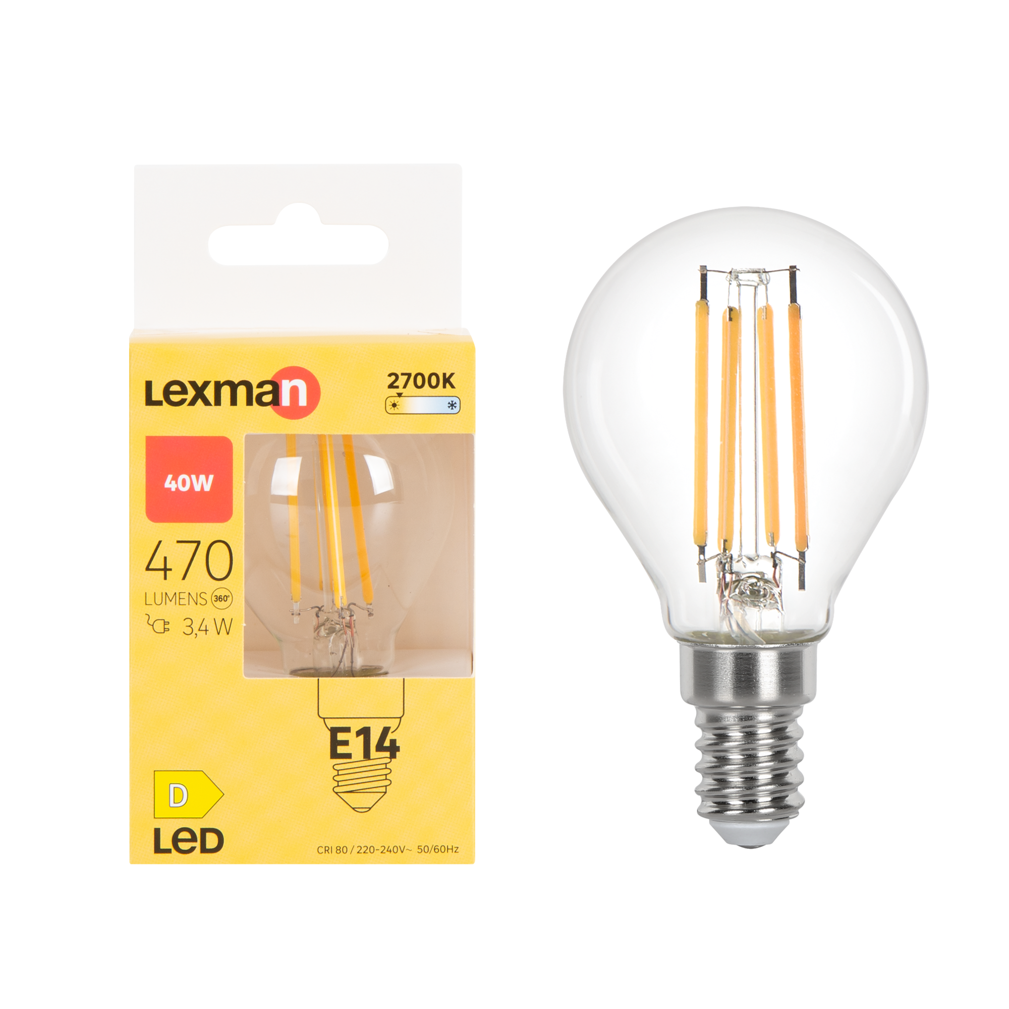 Ampoule led à filament, sphérique, E14, 470lm = 40W, blanc chaud
