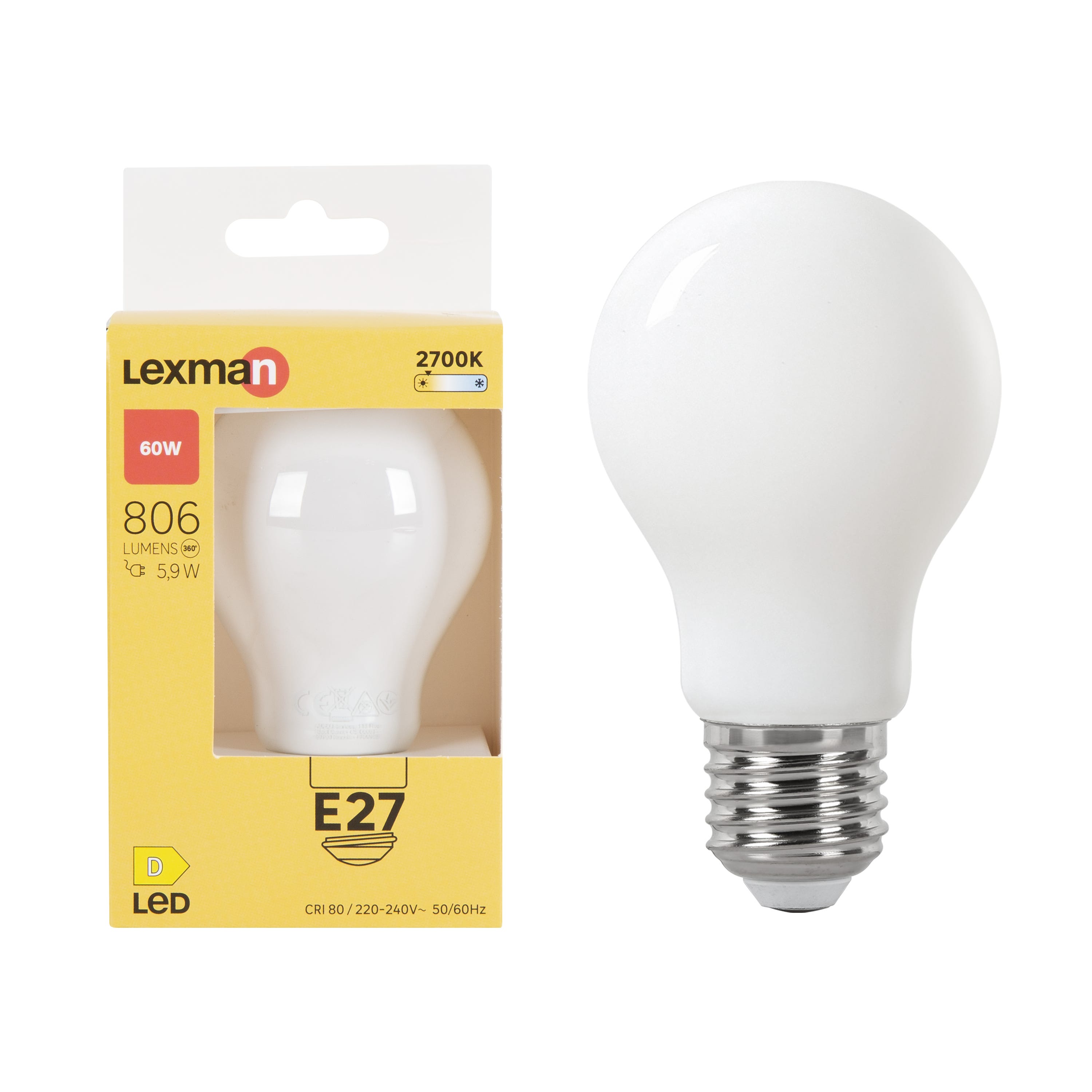 Lot de 3 ampoules led, E27, 806lm = 60W, blanc chaud, Lexman –