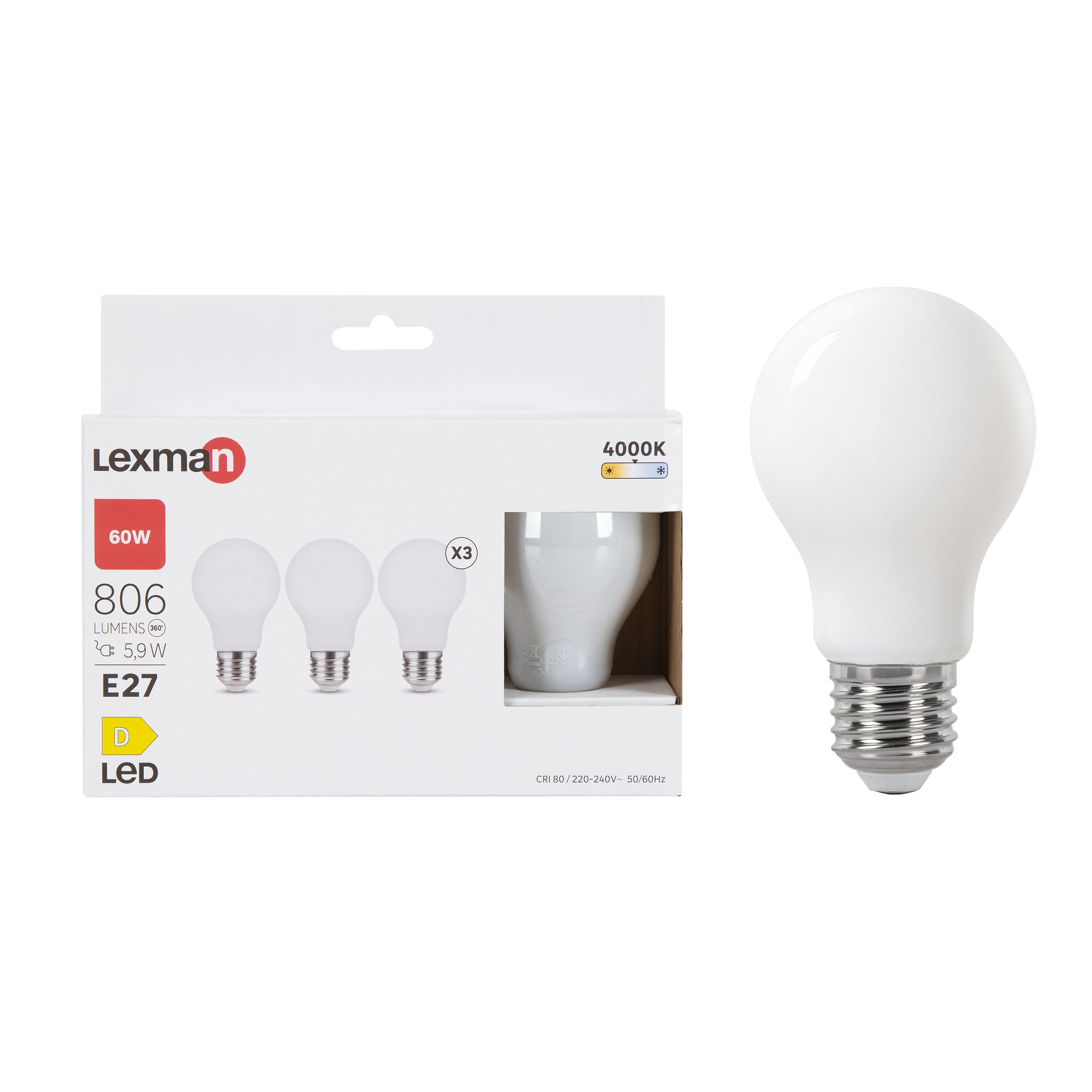 Lot de 3 ampoules led, E27, 806lm = 60W, blanc neutre, LEXMAN