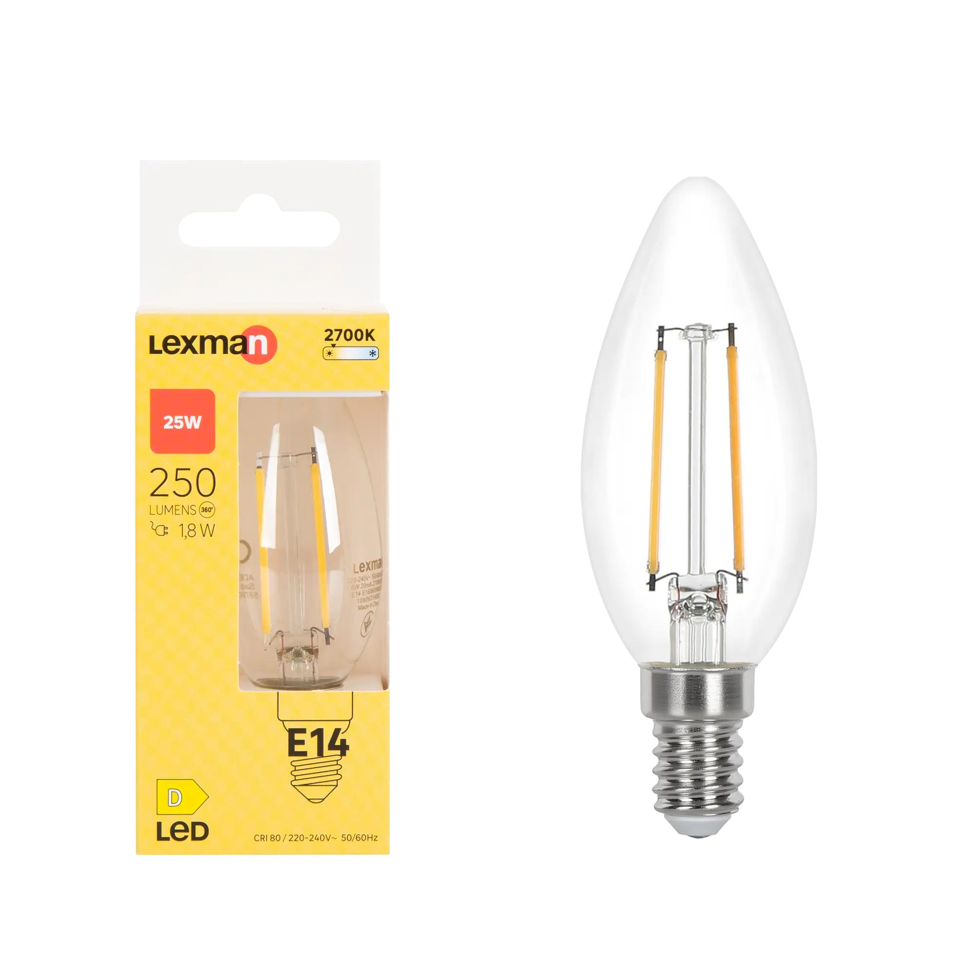 Ampoule led à filament, flamme, E14, 250lm = 25W, blanc chaud