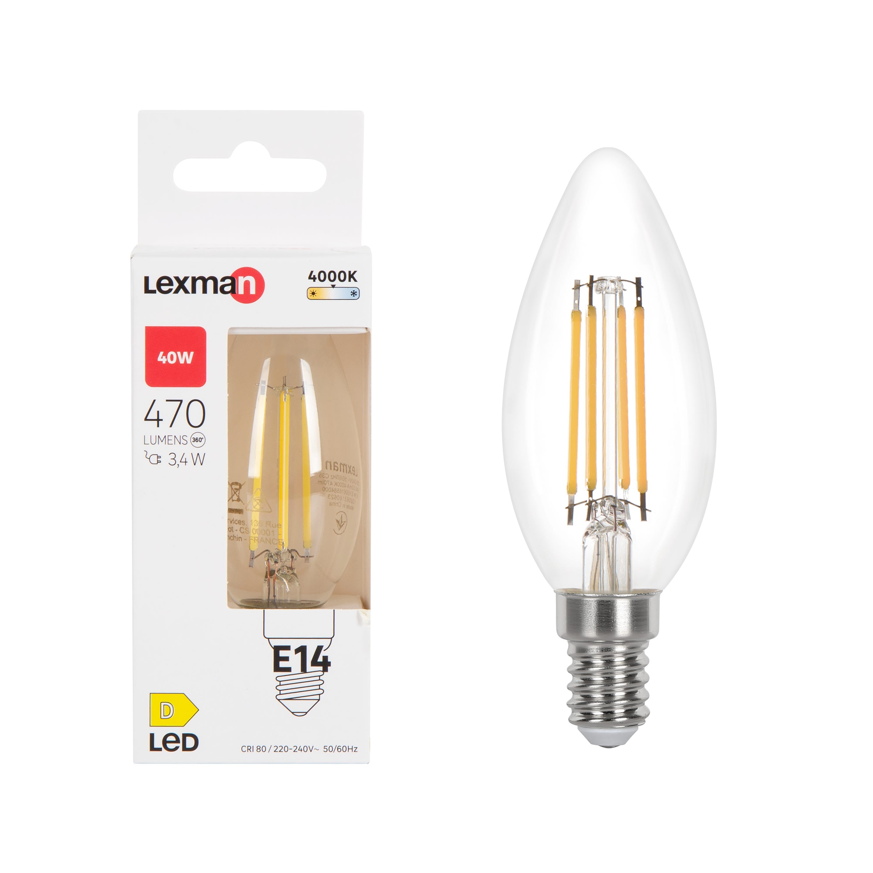 Ampoule led à filament, flamme, E14, 470lm = 40W, blanc neutre, LEXMAN