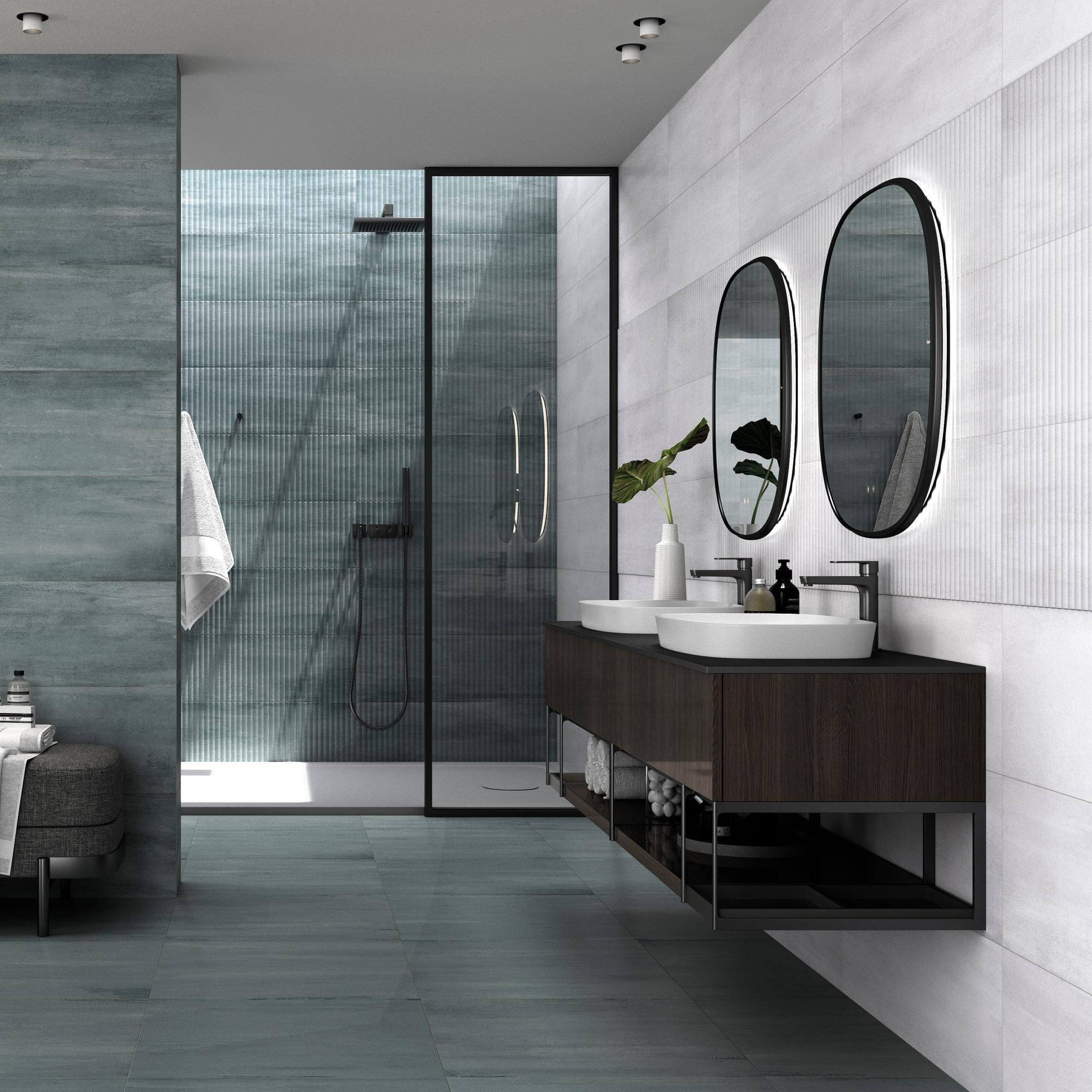 Carrelage mur intérieur effet béton blanc Theory l.30 x L.90 cm Leroy Merlin