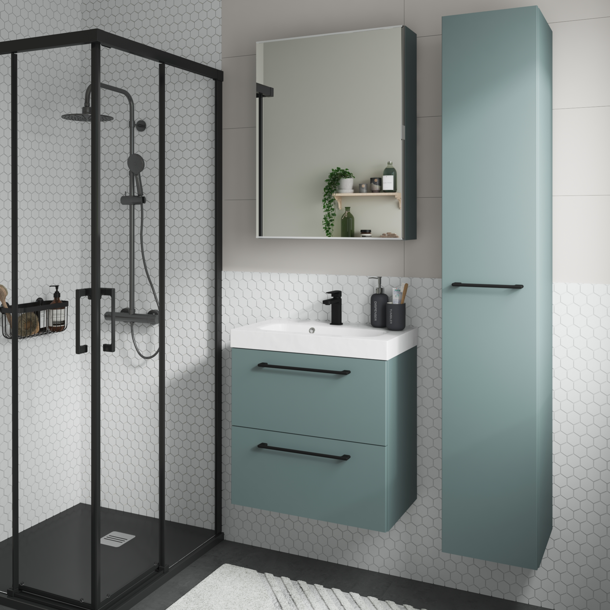 Meuble simple vasque, 2t l.60 x H.58 x P.46 cm, vert celadon, Remix