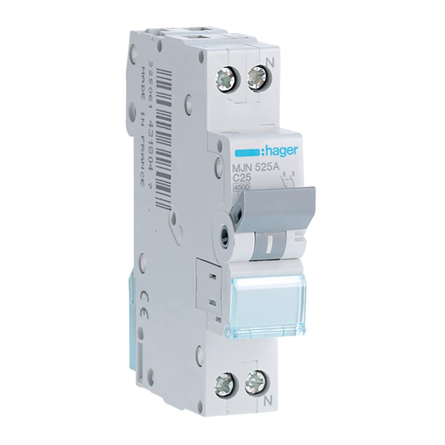 Interruttore magnetotermico HAGER HAGMJN525A 1P +N 25A 4.5kA C 1 modulo 230V