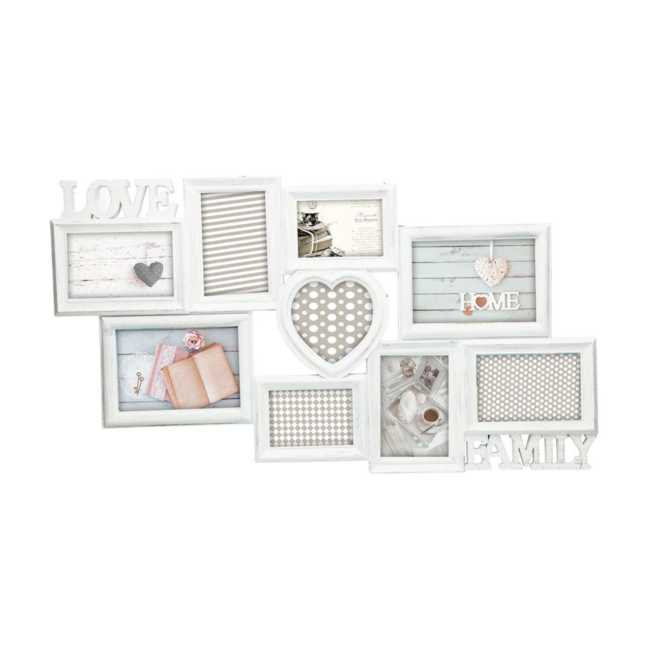 Cornice Love & family shabby, bianco misure 31.5 x 73.5 cm per 9 fotografie