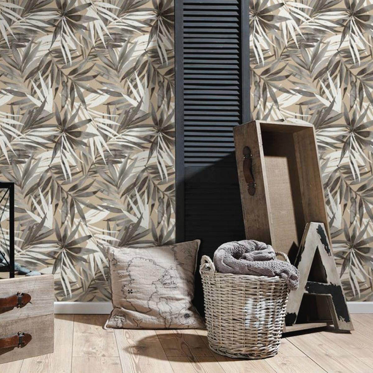 Carta Da Parati Palme In Tessuto Non Tessuto - Design Moderno 10.05m X 0.53m | Beige/Crema/Grigio | A.S. Creation - Foto 3