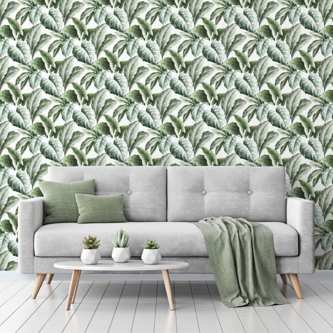 Quadro Su Tela 150x50 Cm – Foglie Tropicali E Palme Con Texture Stampa, Colore Albicocca E Verde, Moderno Per Soggiorno E Camera Da Letto, Senza Cornice