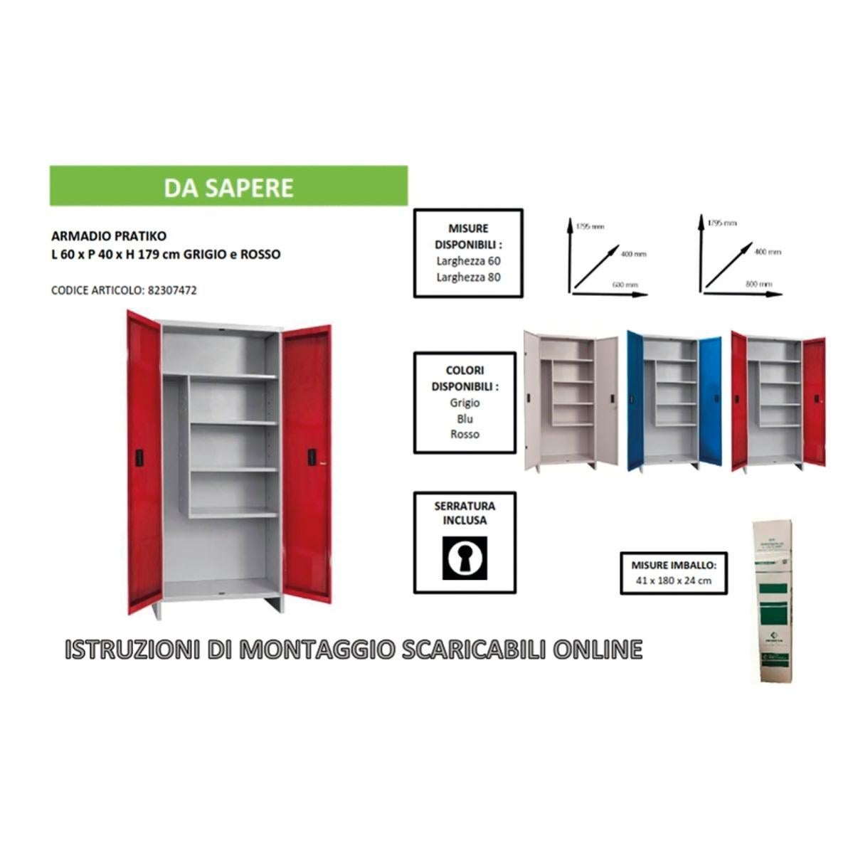 Armadio Pratiko 100x40x175 Cm - Grigio, 4 Mensole, 2 Ante, In Lamiera