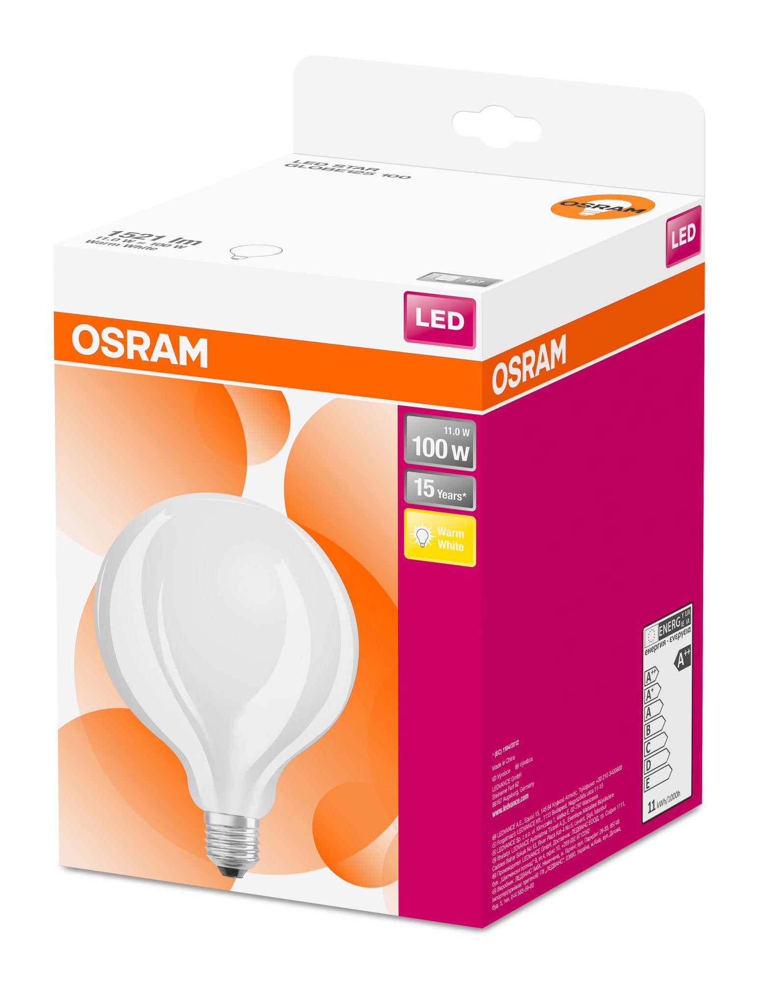 Lampadina Risparmio energetico, LED, globo, opaco, luce calda, 6.5W=1521LM  (equiv 100 W), 320° , OSRAM