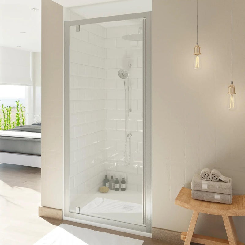Box doccia angolare con porta a battente e lato fisso rettangolare Style 90 x 80 cm, H 200 cm in vetro, spessore 8 mm trasparente argento