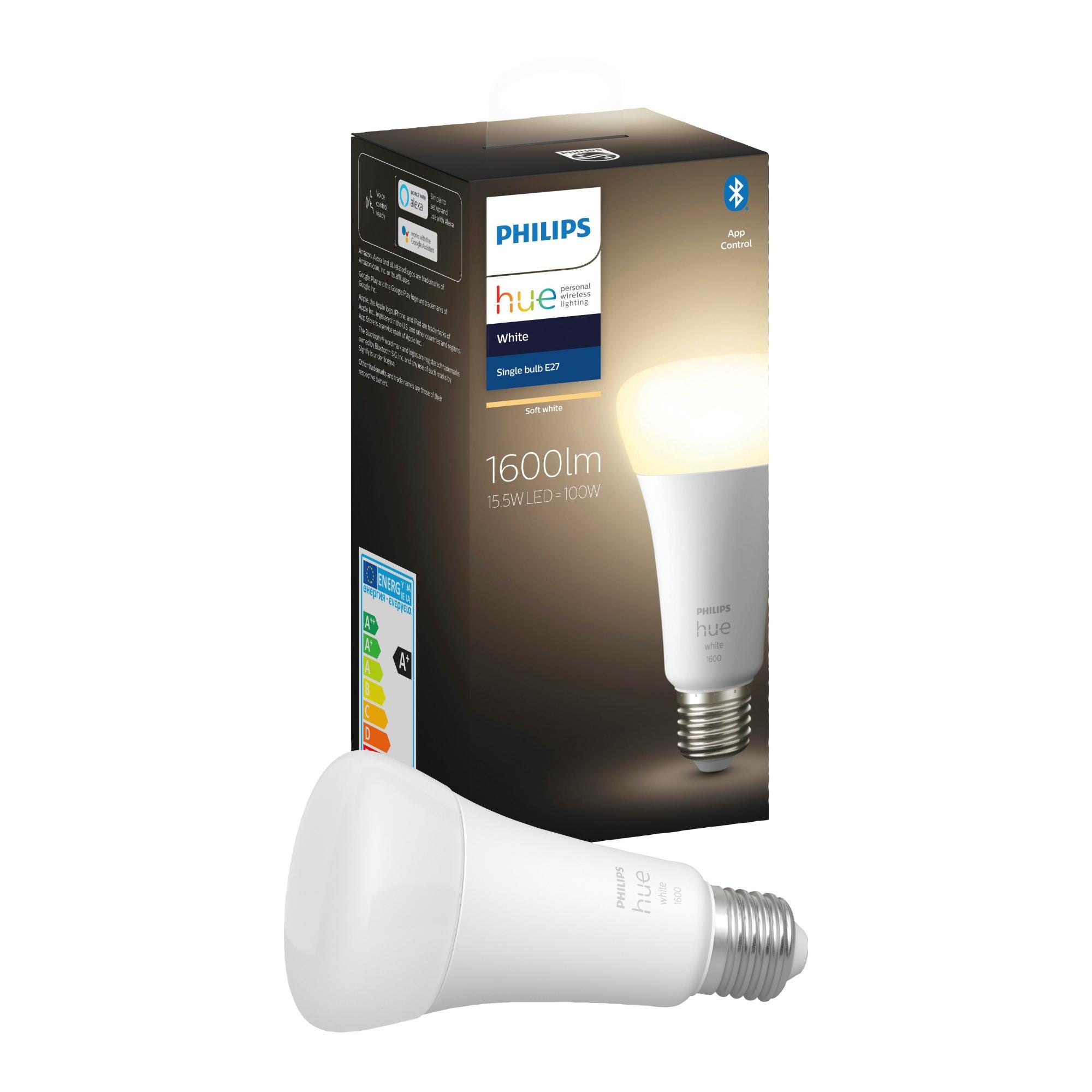 Lampadina smart HUE WHITE BLUETOOTH, LED, goccia, opaco, luce calda,  15.5W=1600LM (equiv 100 W), 150° dimmerabile, PHILIPS HUE