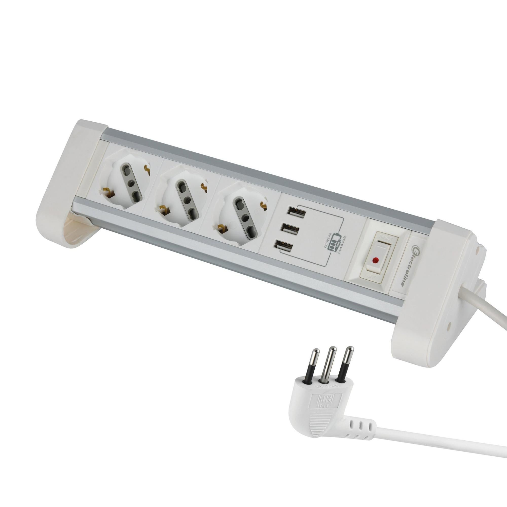 Ekon Multipresa Con Cavo 1.5m – 5 Porte: 3 Prese Italiane + 2 USB-A 3A, Spina 10A, 2300W, Bianca, Made In Italy