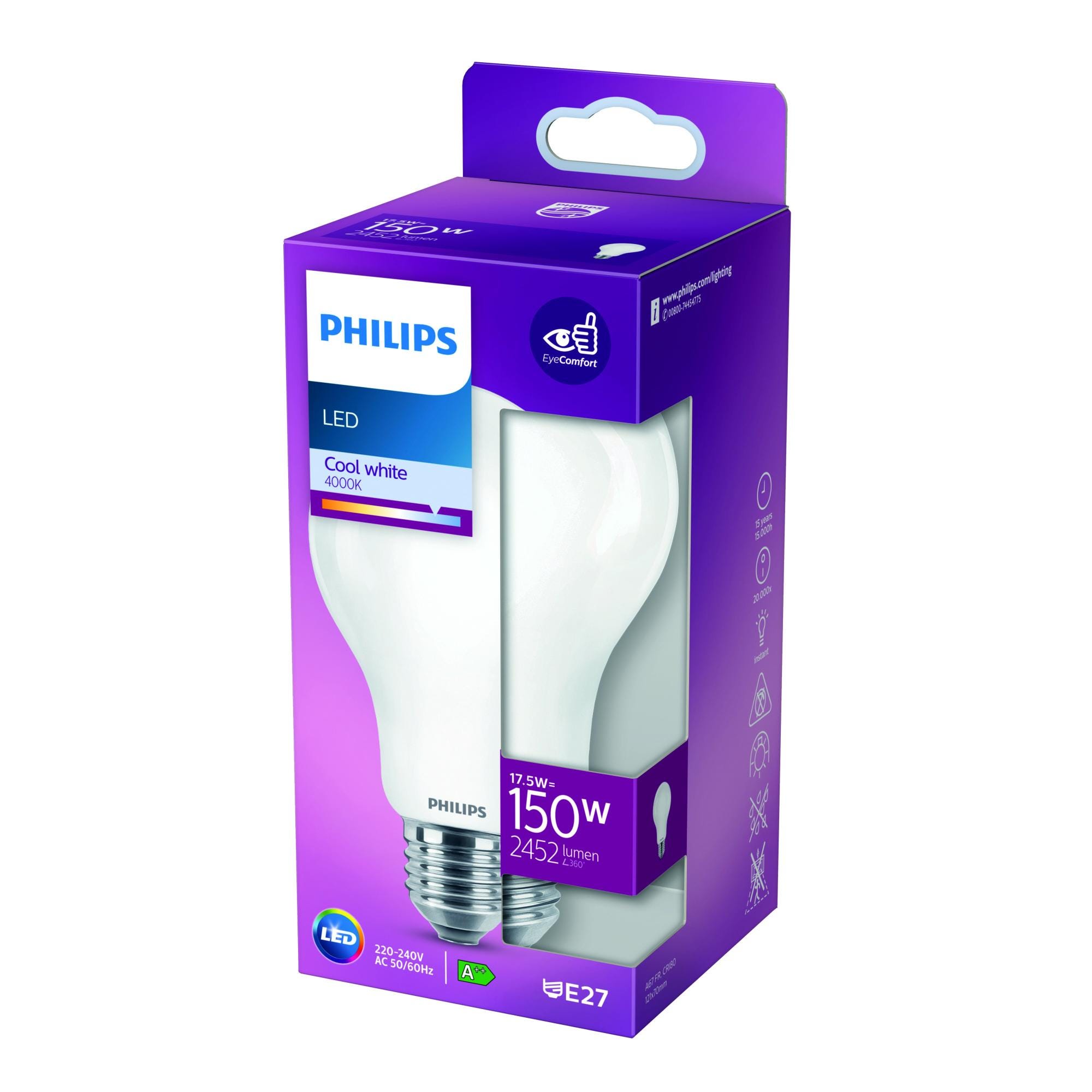 Philips Classic LEDbulb E27 Pera Ghiaccio 17.5W 2452lm - 827 Bianco Molto  Caldo, Sostitutiva 150W