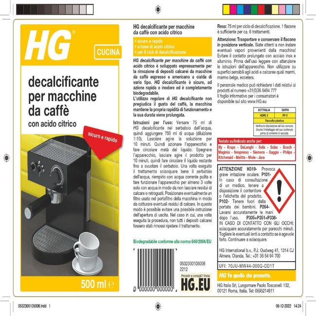 Anticalcare HG DECALCIFICANTE PER MACCHINE DA CAFFE' per macchina per il  caffè 0,5 lt