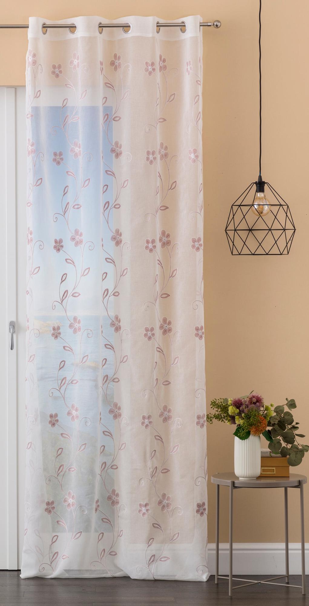 Tenda In Voile Stampata 140x240 Cm Con Occhielli - Atout Ciel | Motivo Floreale, Grigio, Pronta Da Appendere Per Soggiorno E Camera