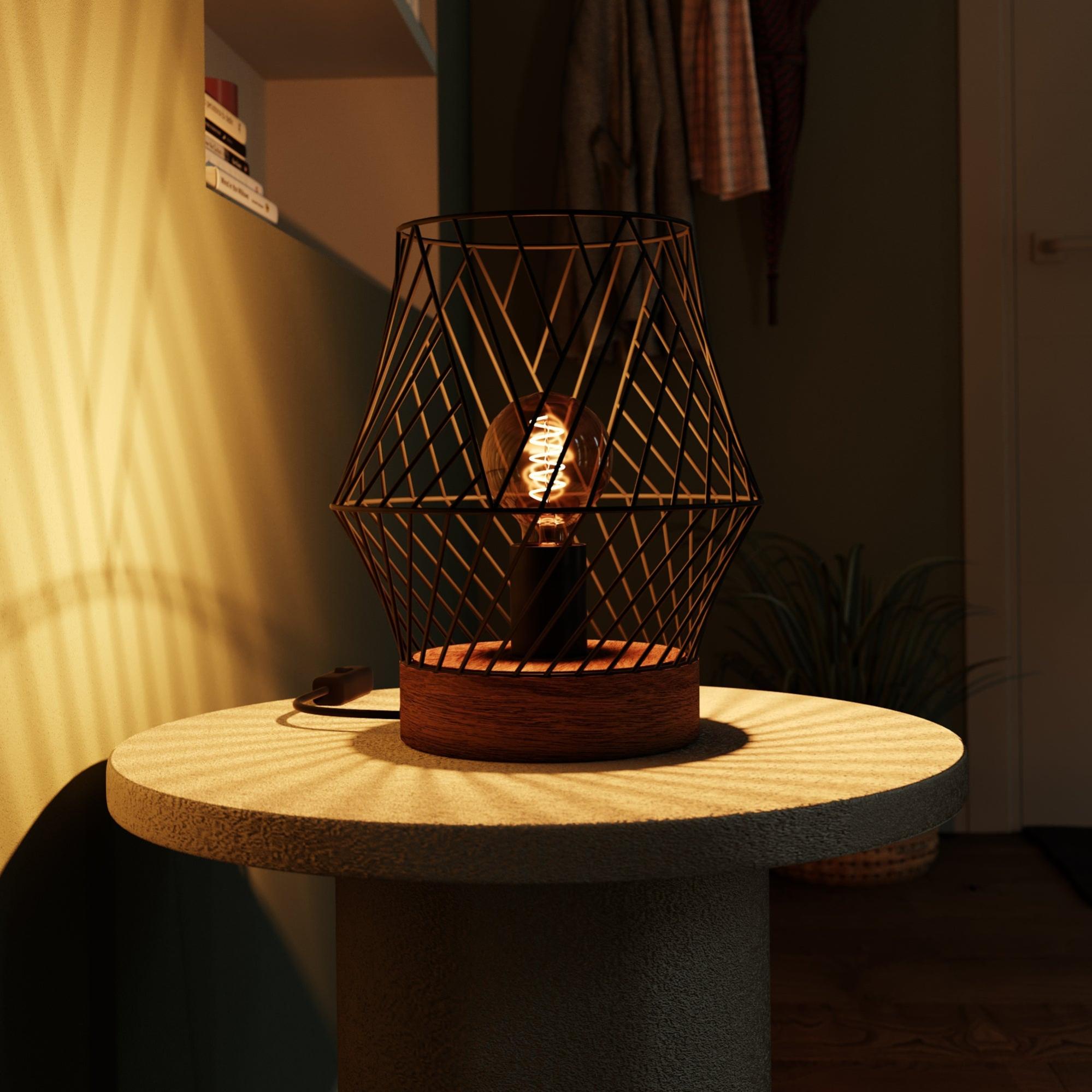 Lampada Da Tavolo Boho In Legno E Rattan SUNLLOK - Paralume A Gabbia Vintage, Luce Da Comodino Per Camera Da Letto, Soggiorno O Studio