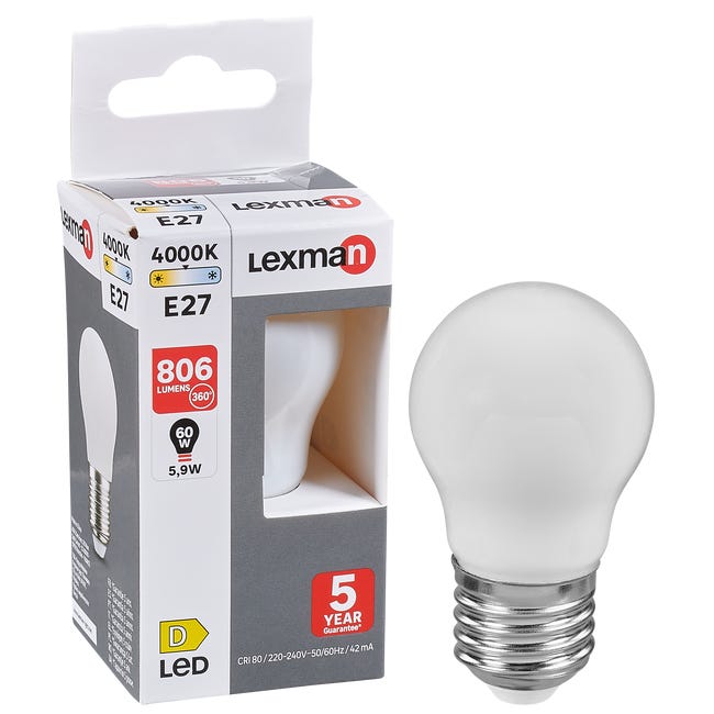 Lampadina LED, sferico, smerigliato, luce naturale, 5.9W=806LM (equiv 60  W), 320° , LEXMAN