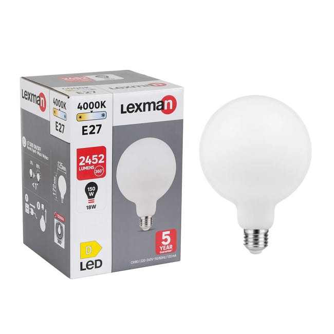 Lampadina LED, globo, smerigliato, luce naturale, 17W=2452LM (equiv 150 W),  330° , LEXMAN