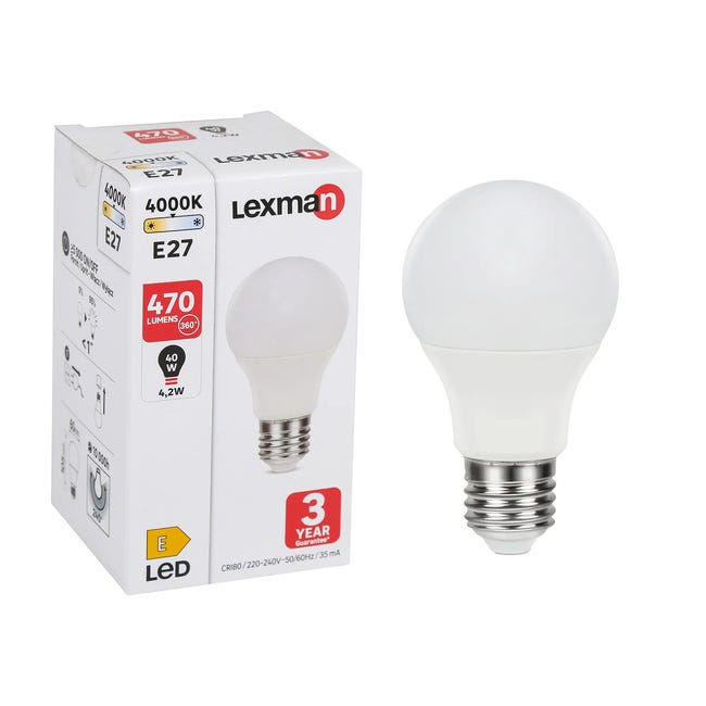 Lampadina LED, goccia, smerigliato, luce naturale, 5W=470LM (equiv 40 W),  240° , LEXMAN