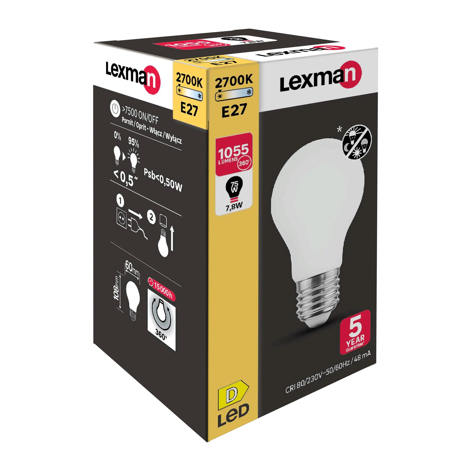 Lampadina LED, goccia, smerigliato, luce calda, 7.8W=1055LM (equiv 75 W),  330° , LEXMAN