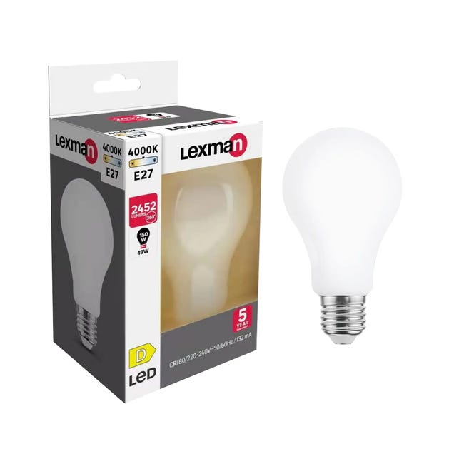 Lampadina LED, goccia, smerigliato, luce naturale, 18W=2452LM (equiv 150  W), 330° , LEXMAN