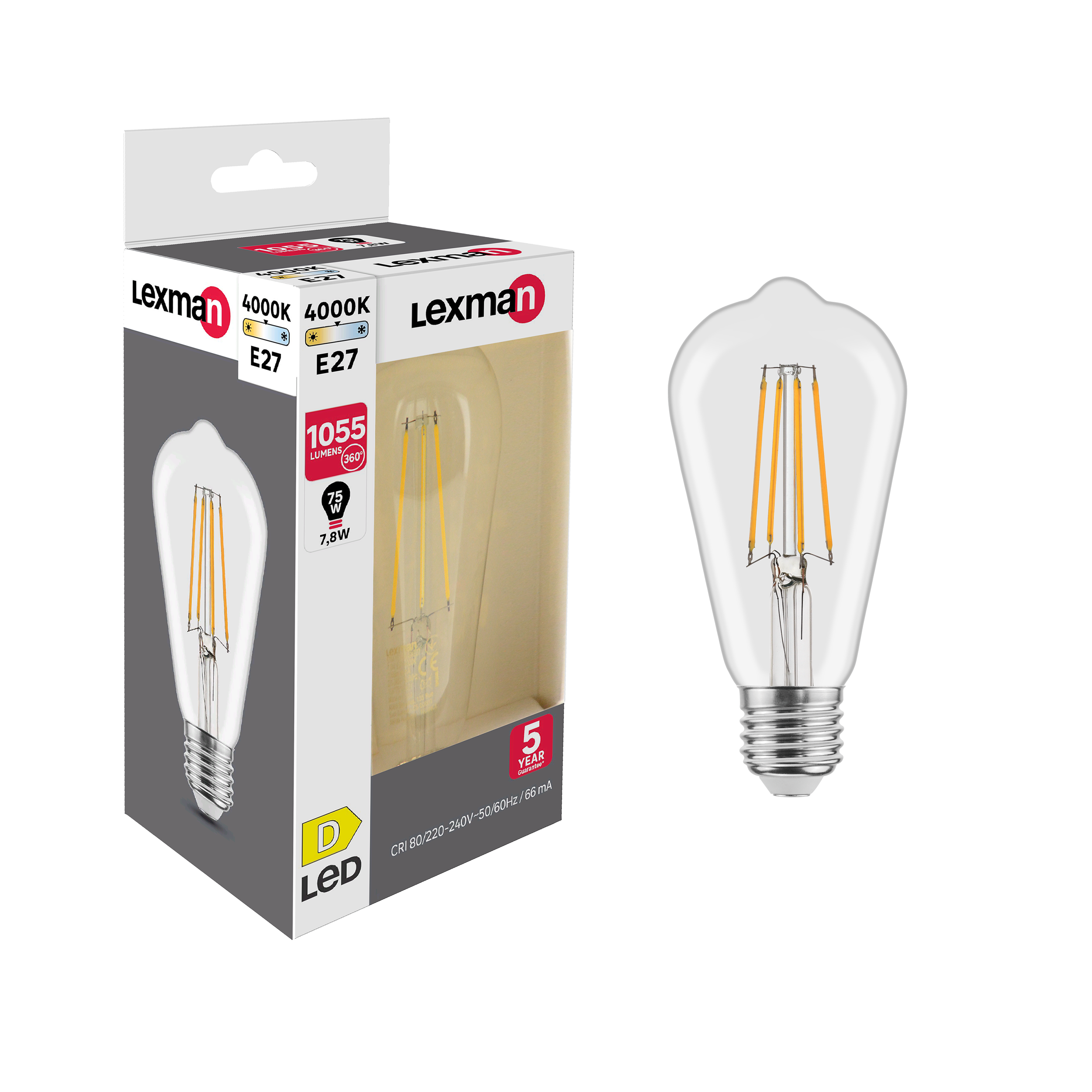 Lampadina LED, faretto, trasparente, luce naturale, 5.2W=600LM (equiv 64  W), 100° dimmerabile, LEXMAN