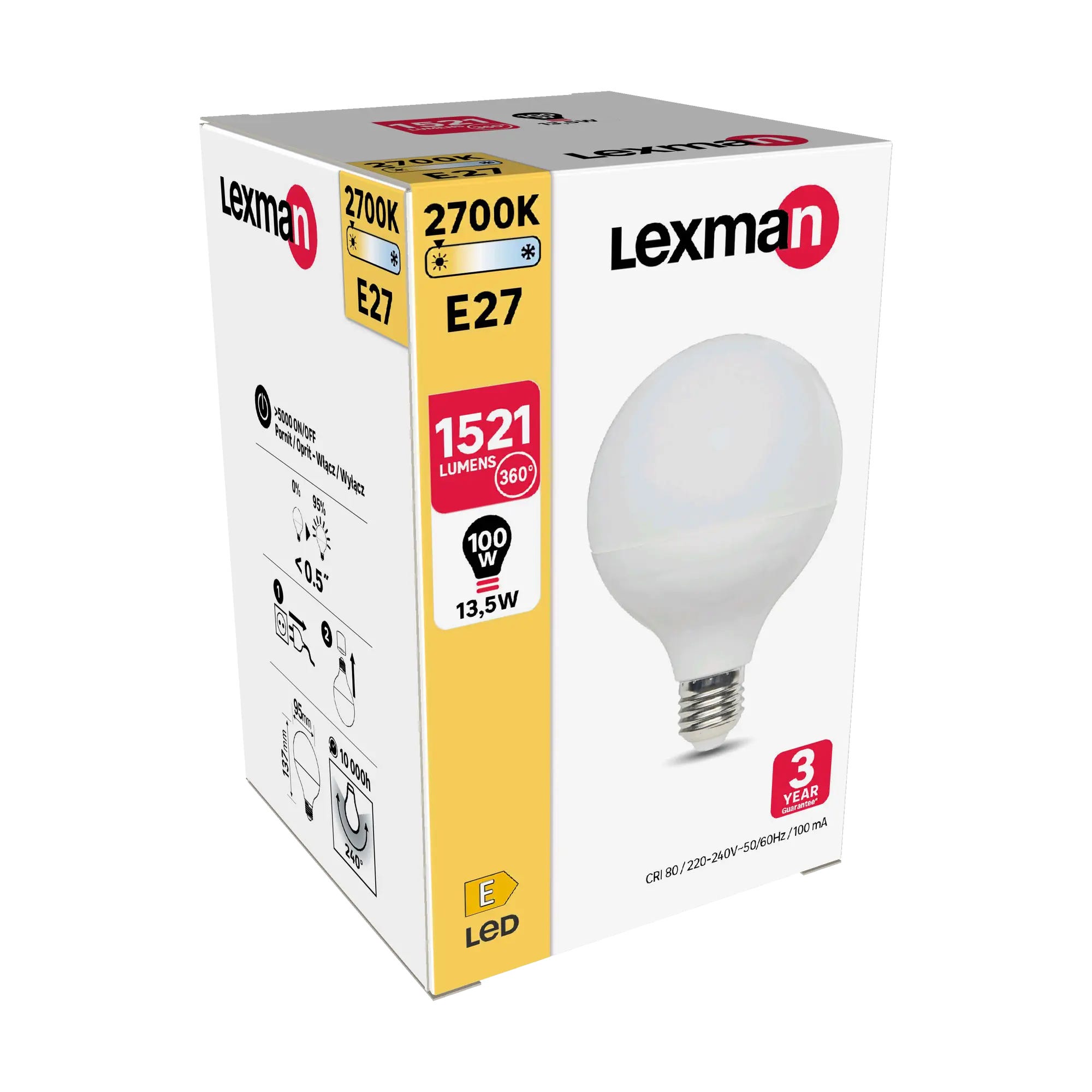 Lampadina LED, globo, smerigliato, luce calda, 13.5W=1521LM (equiv 100 W),  240° , LEXMAN