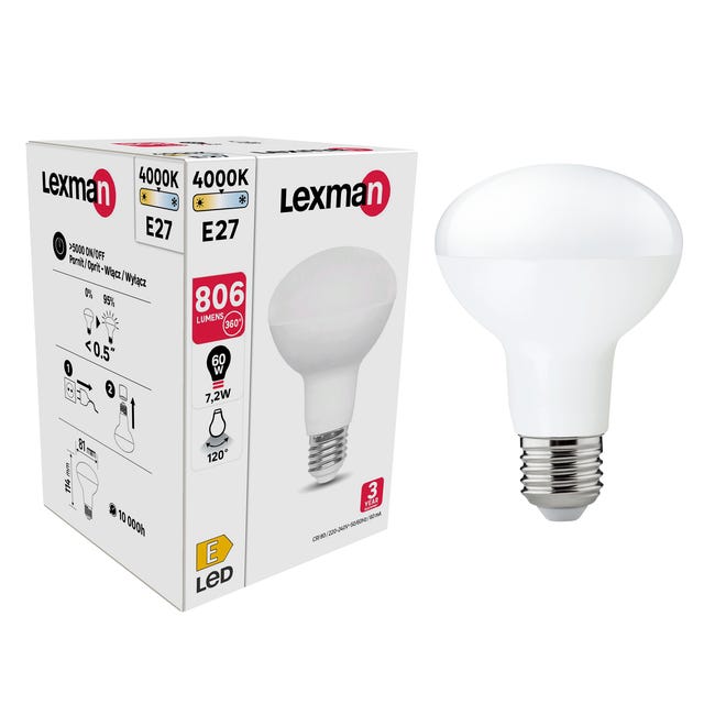 Lampadina LED, faretto, smerigliato, luce naturale, 7.2W=806LM (equiv 60  W), 120° , LEXMAN