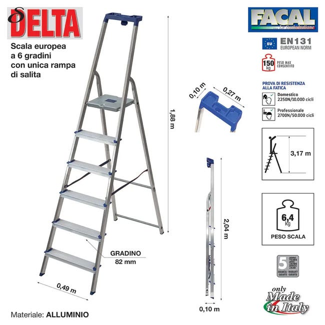 Scala FACAL Delta+Sgabello Tinto in alluminio 6 gradini 150 kg