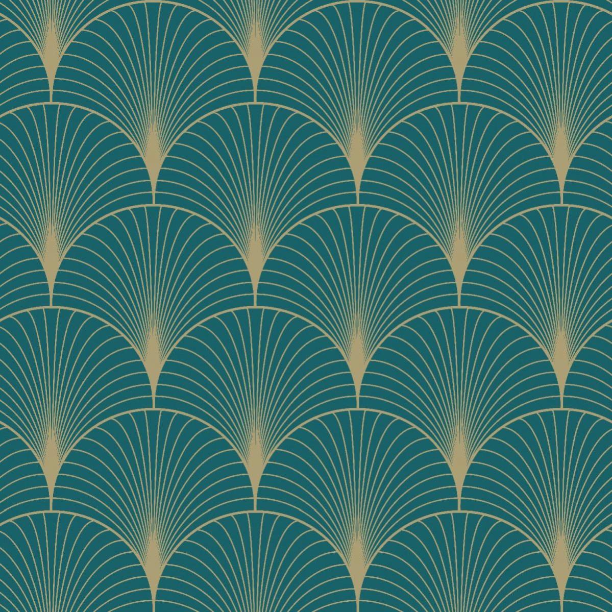 Carta da parati Art Deco Ventagli blue, verde e oro, 53 cm x 10.05 m
